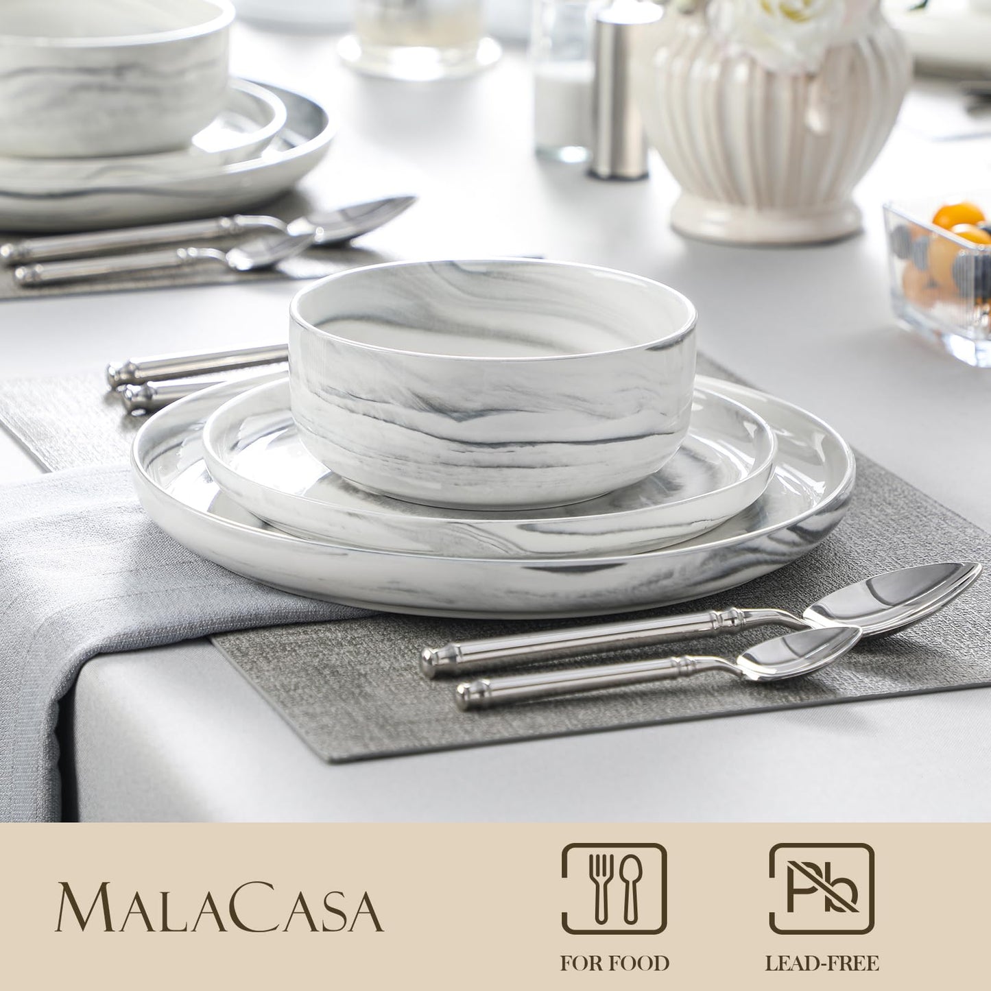 MALACASA Geschirrset 6 Personen, LUNA 24-tlg Tafelservice aus Weißem Porzellan, Modernes Geschirr Set mit je 6 Speiseteller, Dessertteller, Suppenteller und Müslischalen