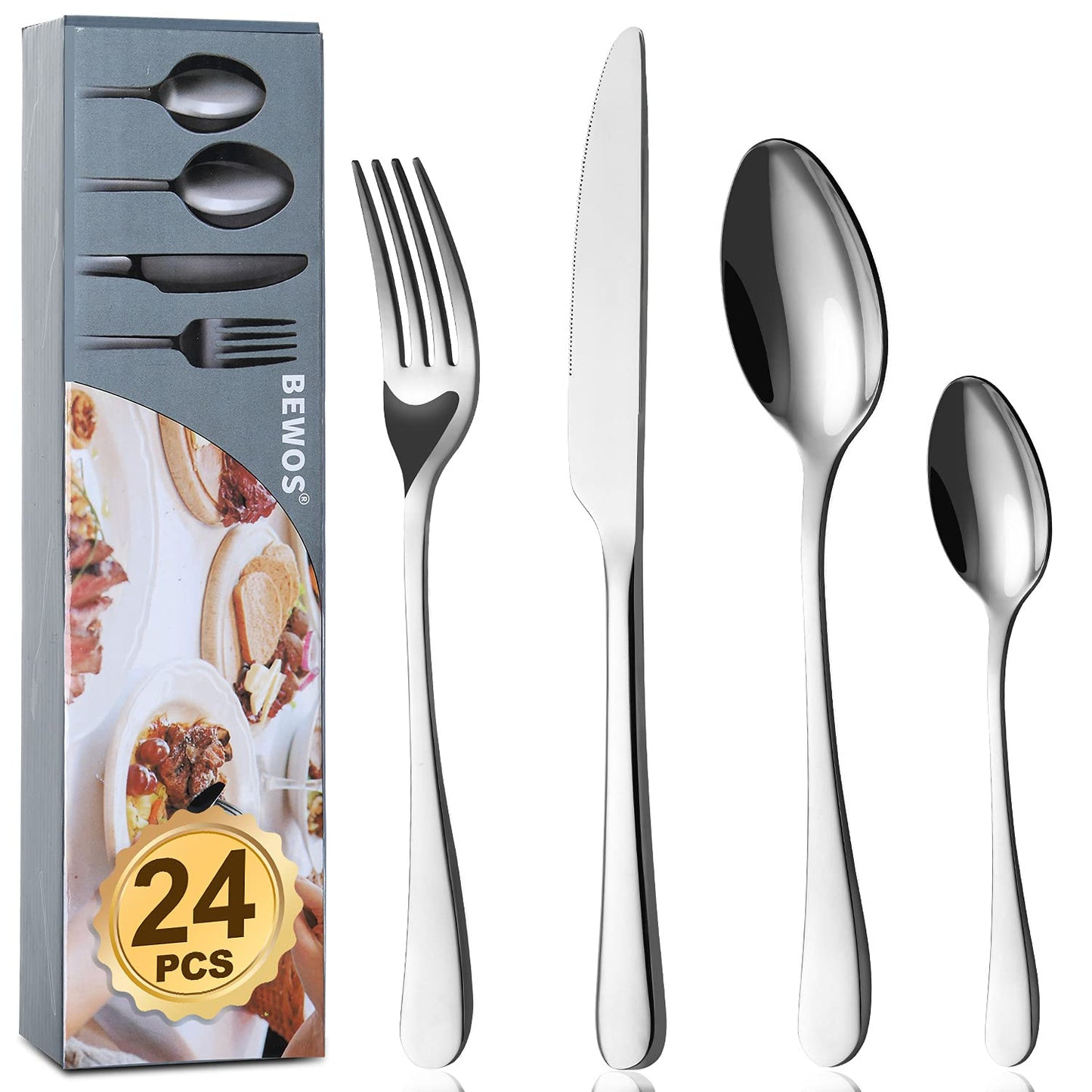 BEWOS Besteckset für 6 Personen, 30-teiliges Besteckset aus Edelstahl, Besteckset aus Silber, inklusive Messer, Gabeln und Löffel, hochglanzpoliert und spülmaschinenfest