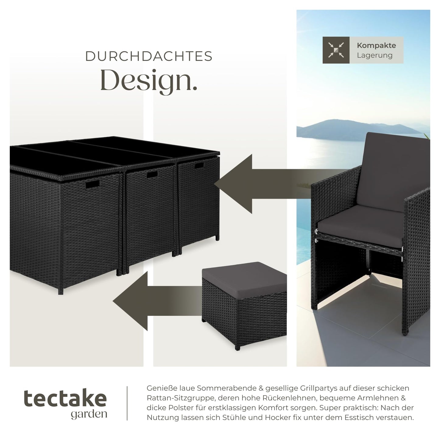 tectake Polyrattan Gartenmöbel Set, Sitzgruppe mit 6 Stühle +1 Glasplatte Tisch + 4 Hocker, Gartenlounge Set klappbar, für bis zu 10 Personen, Balkon Möbel, inkl. 2 Bezugsset - Natur