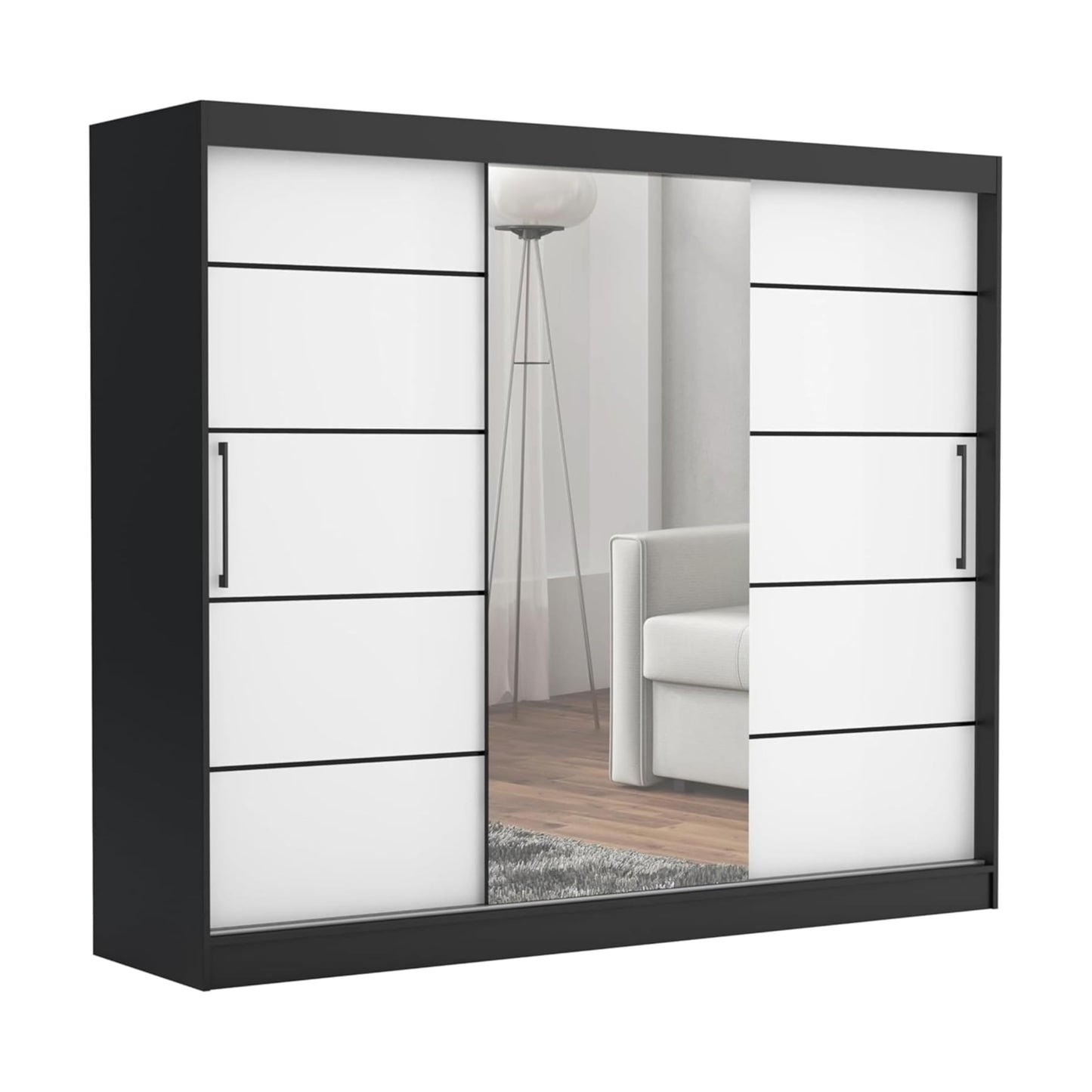 Brent - Kleiderschrank mit Spiegel und Schubladen 235cm Breit Chelsea Tomy, Schwebetürenschrank mit Spiegel, Schlafzimmerschrank, Kleiderschrank Schwarz