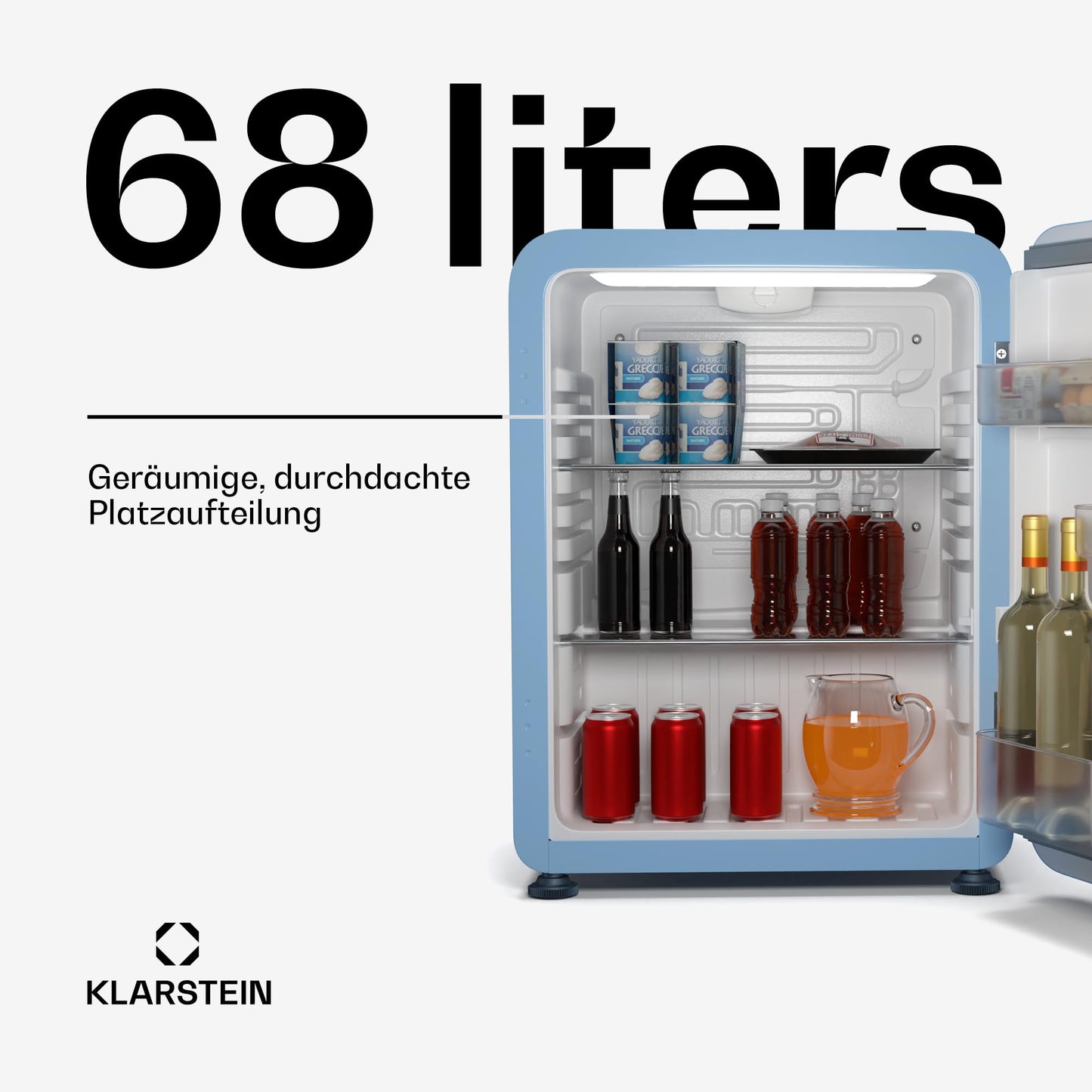 Klarstein Kühlschrank, Mini-Kühlschrank für Getränke, Kühlschrank Klein, Kleiner Kühlschrank Lautlos, Skincare Fridge, Vintage Design, Camping Kühlschrank, Minikühlschrank für Zimmer, 0-10°C, 70 L