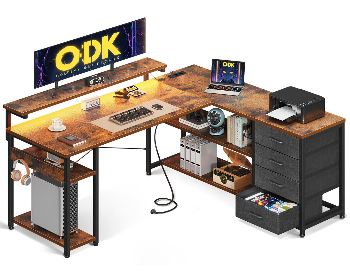 ODK Schreibtisch mit Schubladen, Reversible Eckschreibtisch mit 2 Steckdosen und 2 USB Ladeanschluss, Bürotisch L Form mit LED für Home Office 135×110cm (Graueiche)
