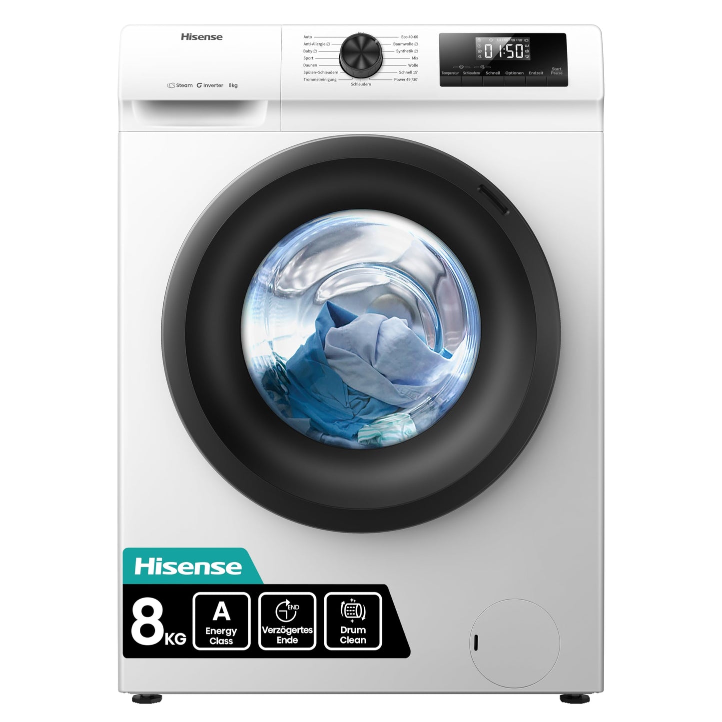Hisense WF3S8043BB3 Waschmachine mit Dampffunkunktion, 8 kg, 1400 U,min, WIFI, ConnectLife, Power JetWash, Anti-Allergie Programm, Aqua Stop, Auto Wash, Quick Wash, EEK A-30 Prozent