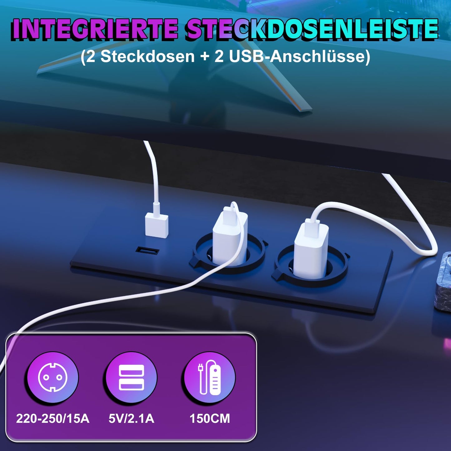 Flamaker Gaming Tisch l Form 140x140 cm - Eckschreibtisch mit RGB LED, Monitorständer & Ablagefach | 2 Steckdosen + 2 USB-Anschlüsse (Weiß)
