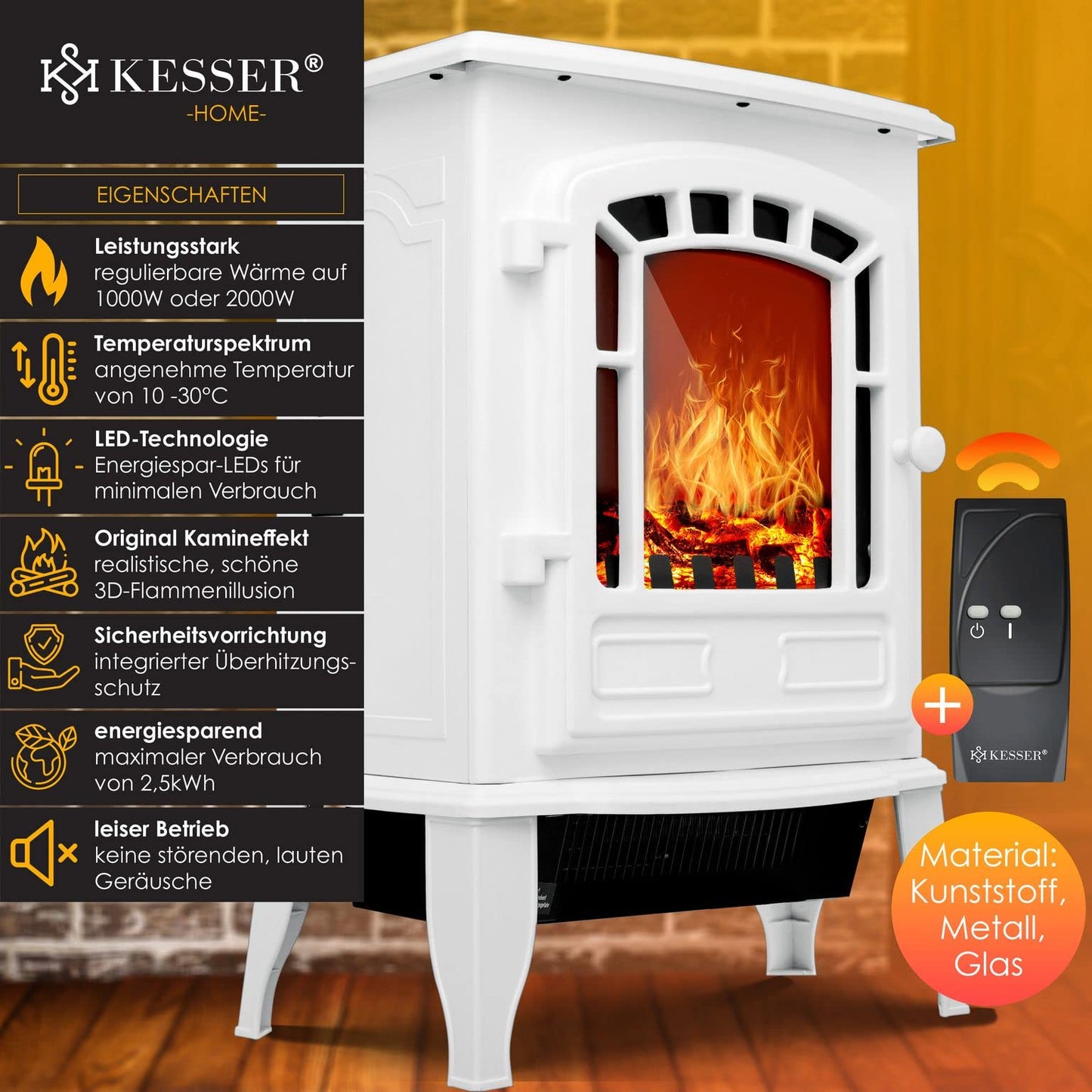 KESSER® Elektrokamin mit Heizlüfter & Fernbedienung 2000W Elektro Kamin Elektrischer Heizung LED Kaminfeuer Effekt Kaminofen Flammeneffekt Heizer Ofen geräuscharm regelbar Grau