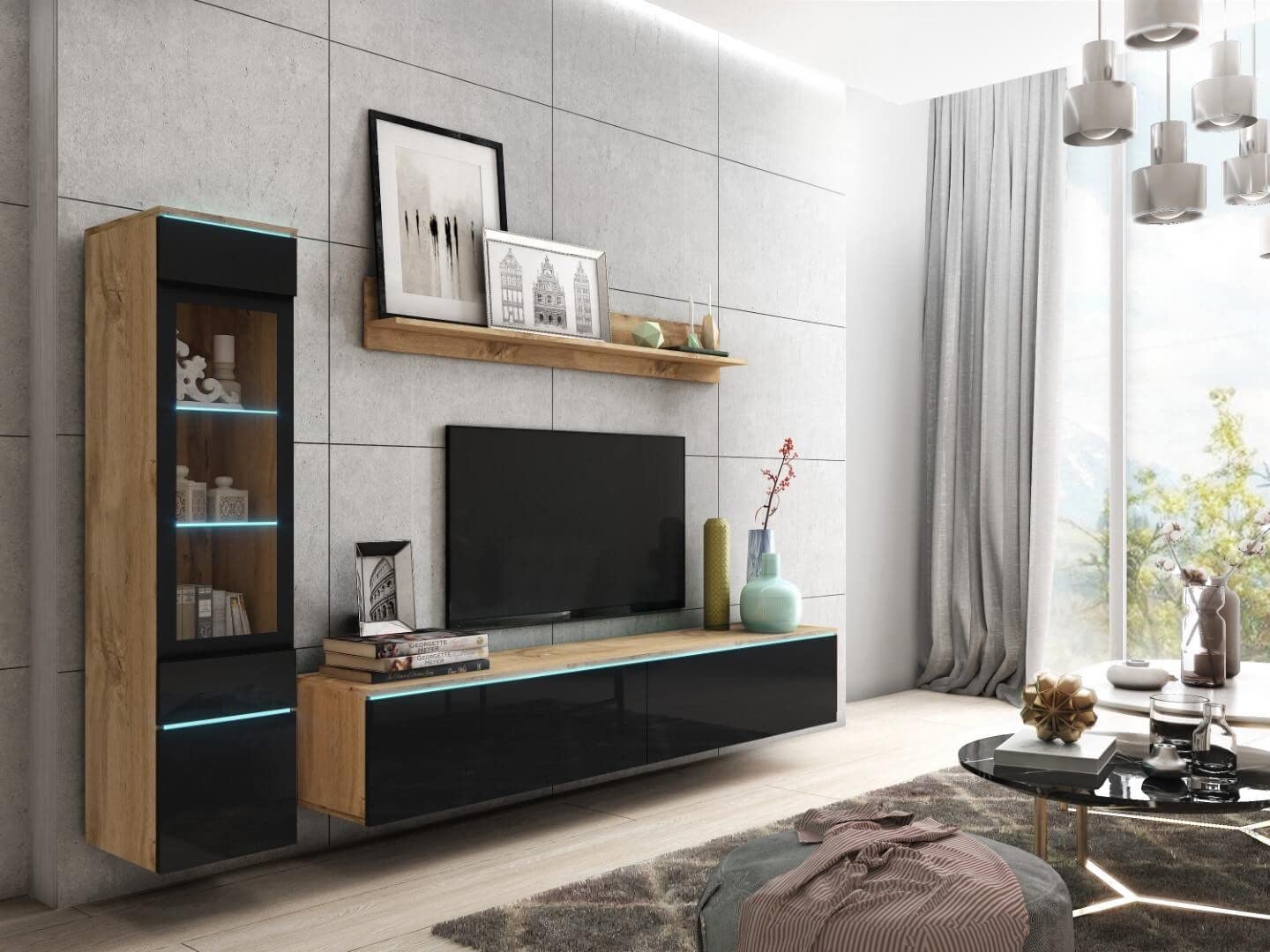 MINIO go for it Veve 2, 4-Piece Wall Unit Set, Hanging or Standing, 2 x Tall Cabinet Display Cabinets, Lowboard, Wall Board, Laminated Clamping Plate, Wotan Oak and Black Gloss, without Lighting