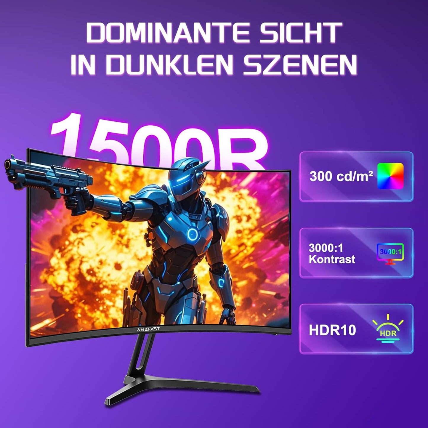 Amzfast 32 Zoll Curved Gaming Monitor (240Hz, 1920x1080, 1ms MPRT, 1500R), Adaptive-Sync, 90% DCI-P3, 120% sRGB, 300cd/m², HDMI 2.0 & DisplayPort 1.4 (AMZG32C3F)