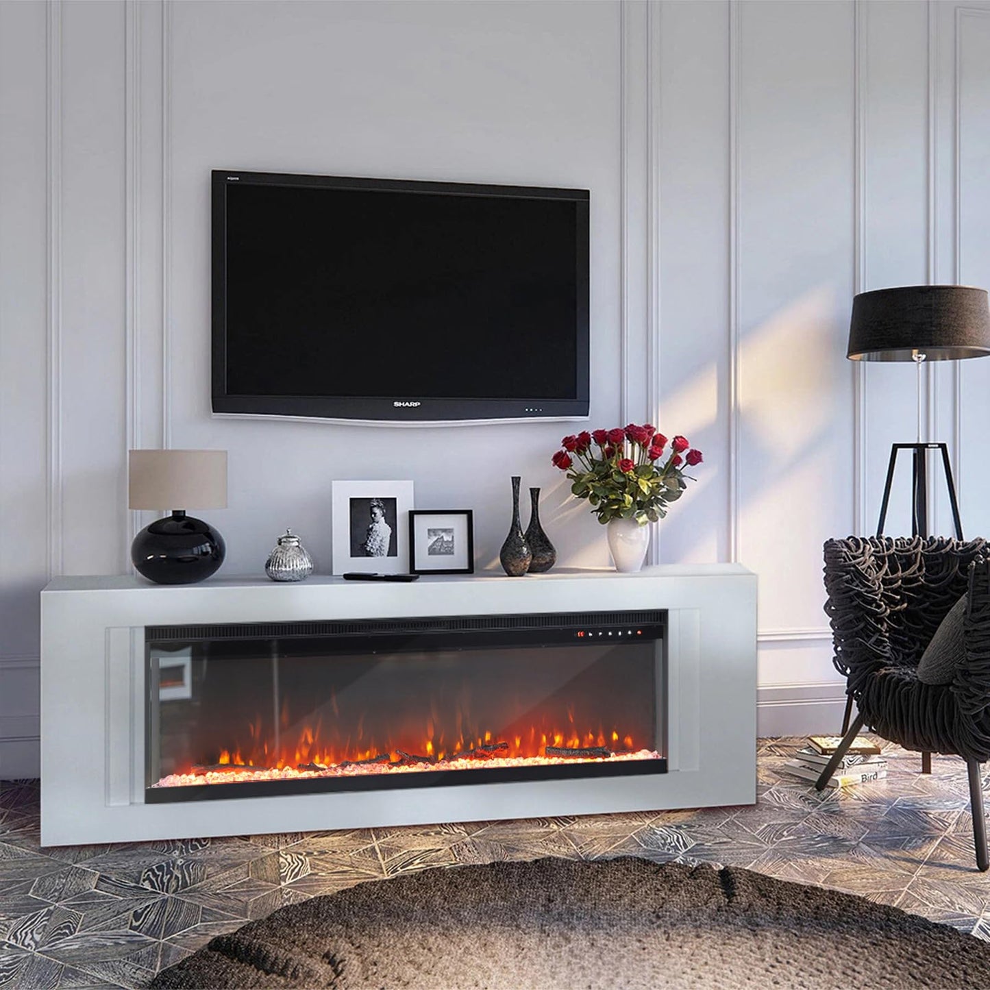 INMOZATA Elektrokamin 50''/127cm vertieft/freistehender elektrischer Kamin 3-Seiten-Glasanzeige Medien-Wand-Feuer mit 9-Farben Realistische LED Flammeneffekt Touch Fernbedienung für Überhitzungsschutz