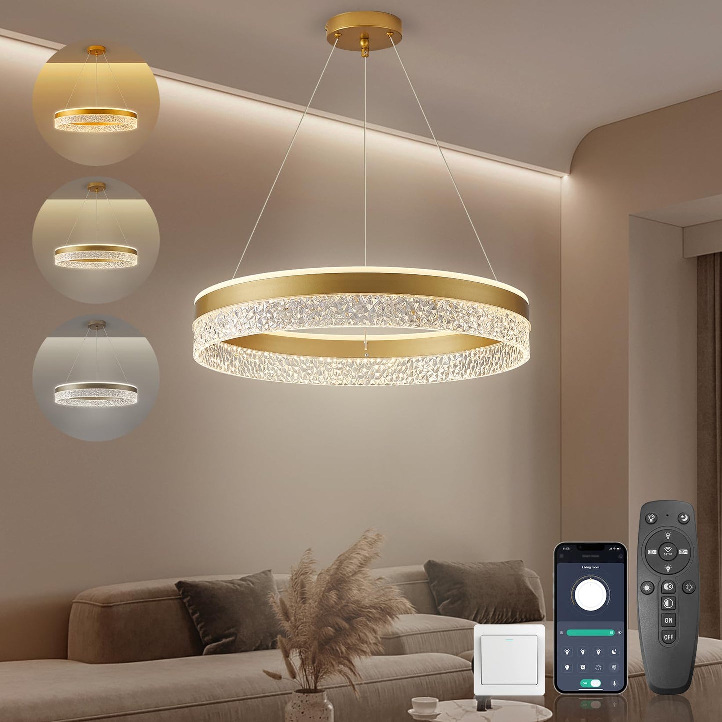 KSIBNW 3 Ringen Moderne LED Hängelampe Esstisch,45W LED Hängeleuchte & Pendelleuchten Höhenverstellbar für Esszimmer Wohnzimmer,Dimmbar Hängeleuchte Aluminium Mit Fernbedienung,3000K-6500K,Schwarz