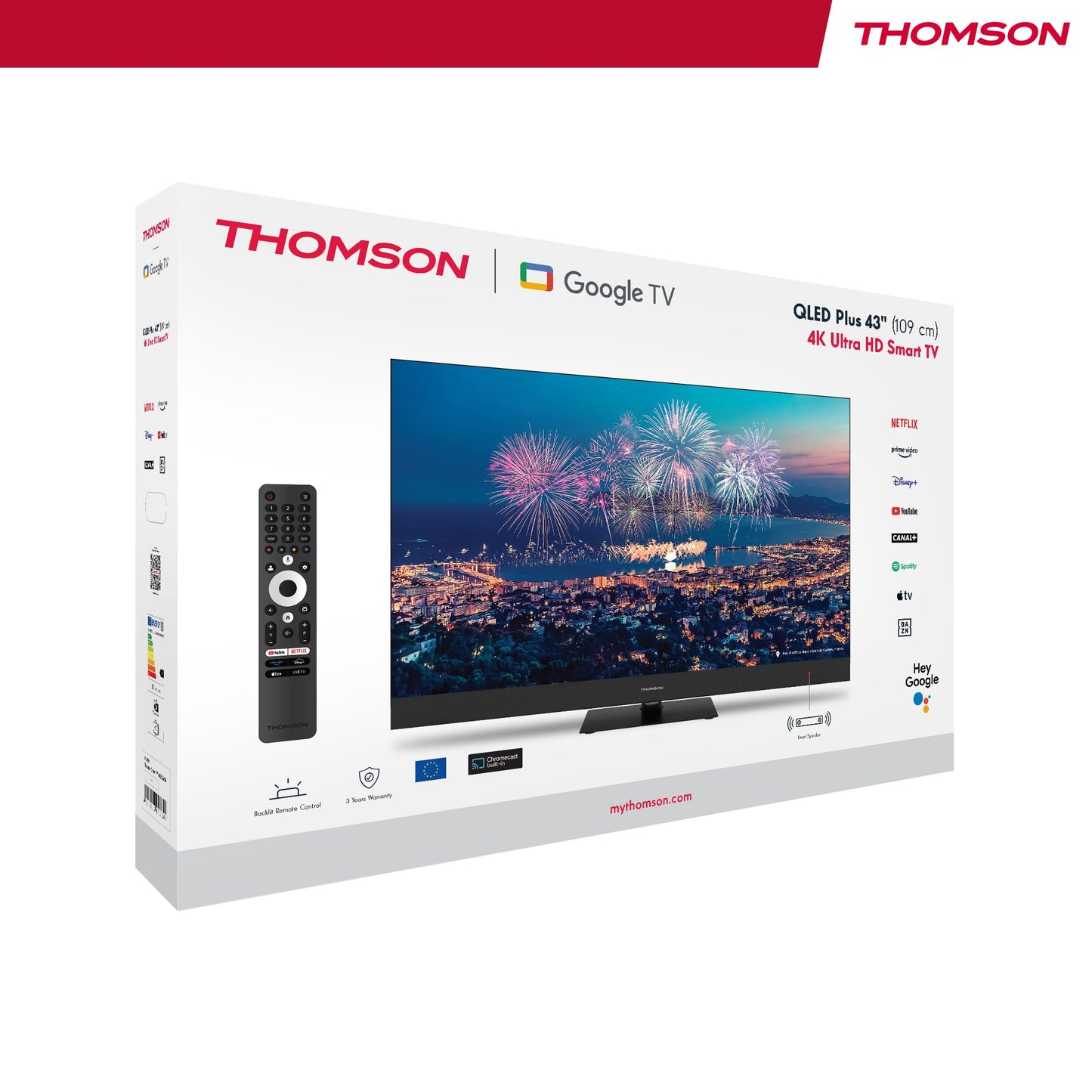 THOMSON 55QG6C14 QLED Plus Google Smart TV, Wi-Fi, Dolby Audio, Built-in Front Speaker, Bluetooth 5.1, Triple Tuner (Cable/Satellite/Antenna), HDMI, CI+, A+ Panel