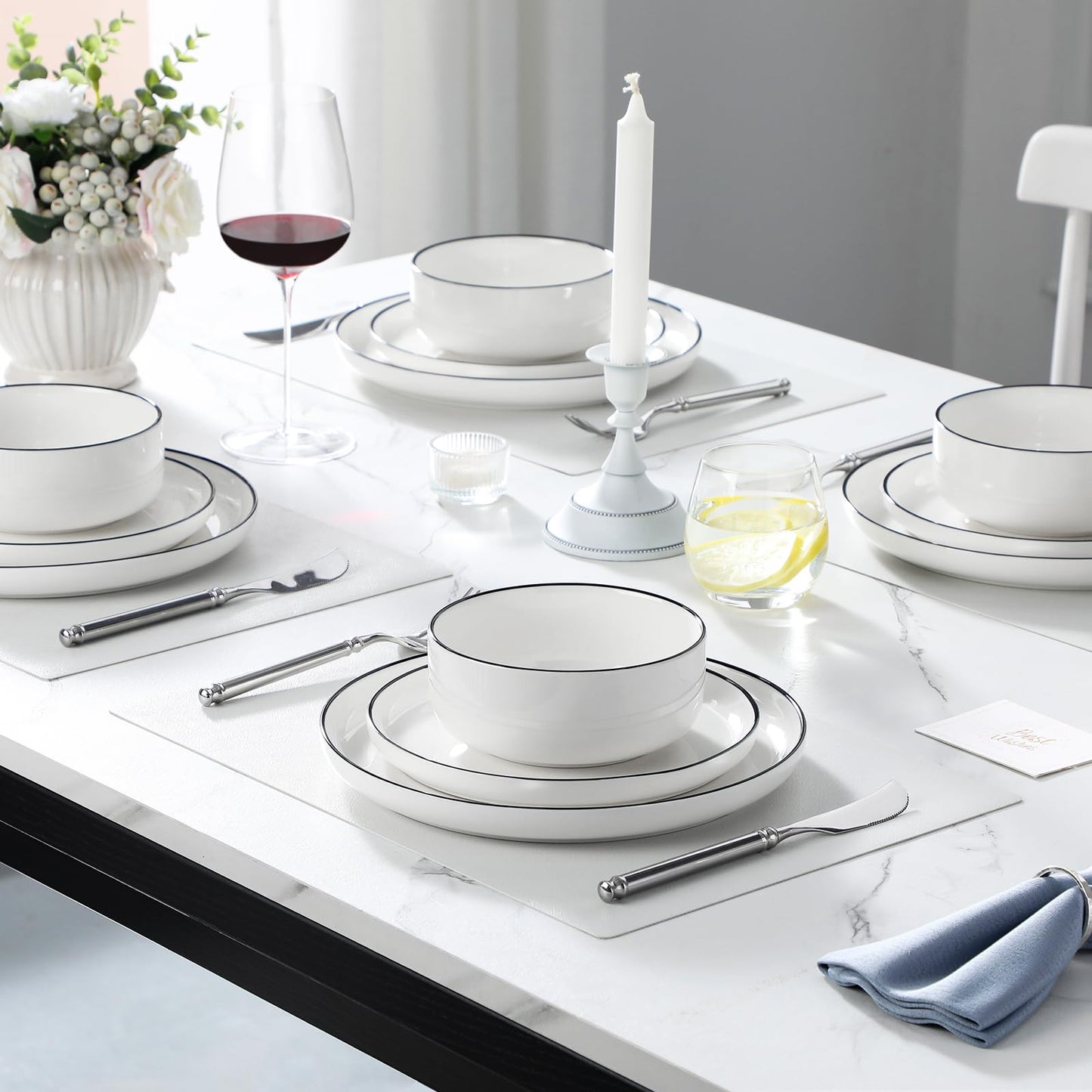 MALACASA Geschirrset 6 Personen, LUNA 24-tlg Tafelservice aus Weißem Porzellan, Modernes Geschirr Set mit je 6 Speiseteller, Dessertteller, Suppenteller und Müslischalen