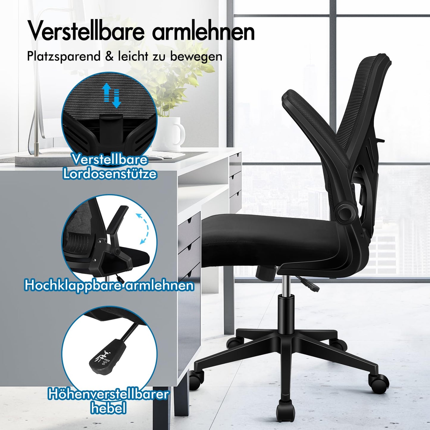 ALFORDSON Bürostuhl, Lendenstütze, Atmungsaktives Netz und Stoff, Hochklappbare/Verstellbare Armlehnen, Hochwertiger Schaumstoff, 180kg für Zuhause & Gaming, Wale, Schwarz