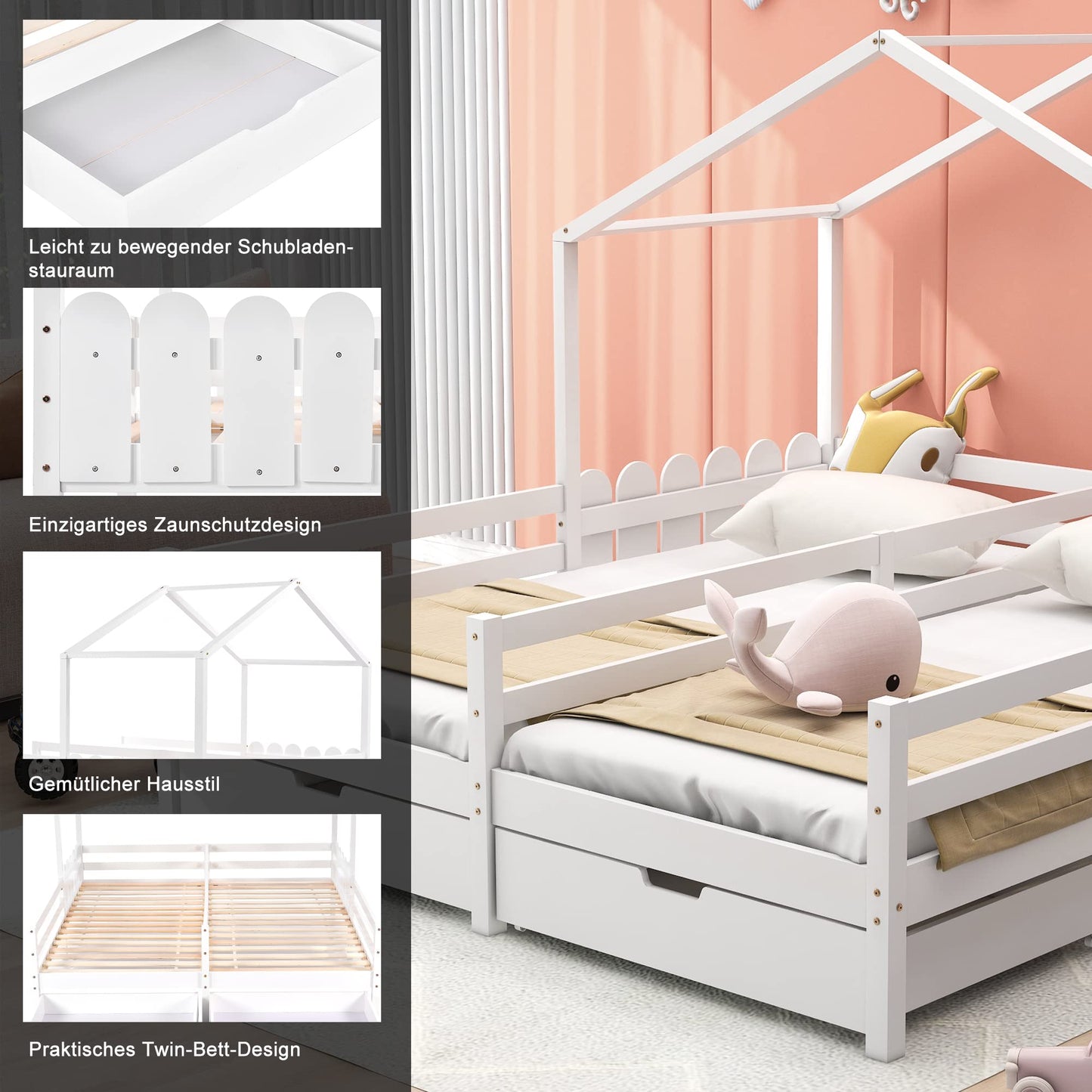 Merax Hausbett 90x200 cm mit 2 Schubladen, für 2 Kinder Doppelbett, Vielseitiges Holz Baumhausbett für Mädchen & Jungen, Stabil Spielbett Gitterbett mit Rausfallschutz und Lattenrost, Weiß