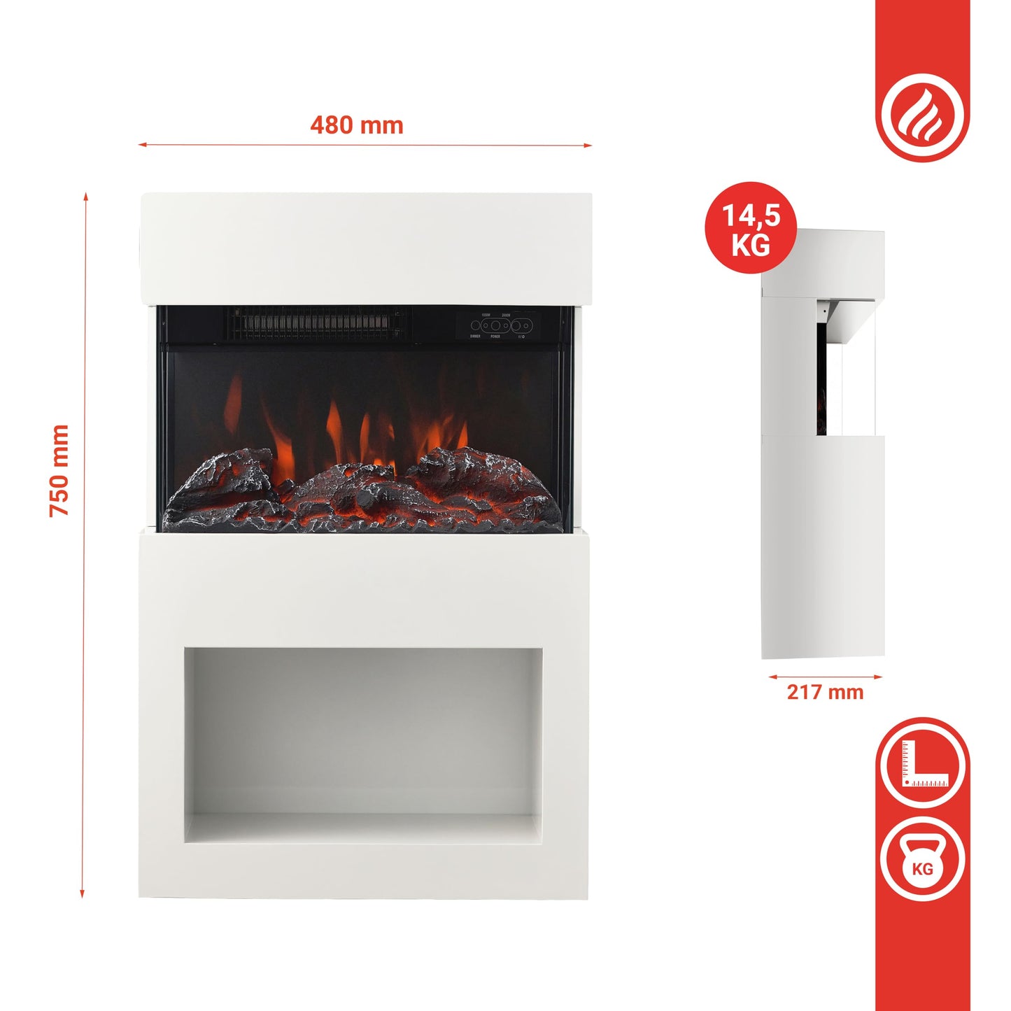 KAMINIO Henri Electric Fireplace with Heater, 3D Flame Effect, Wooden Compartment, Remote Control (White)