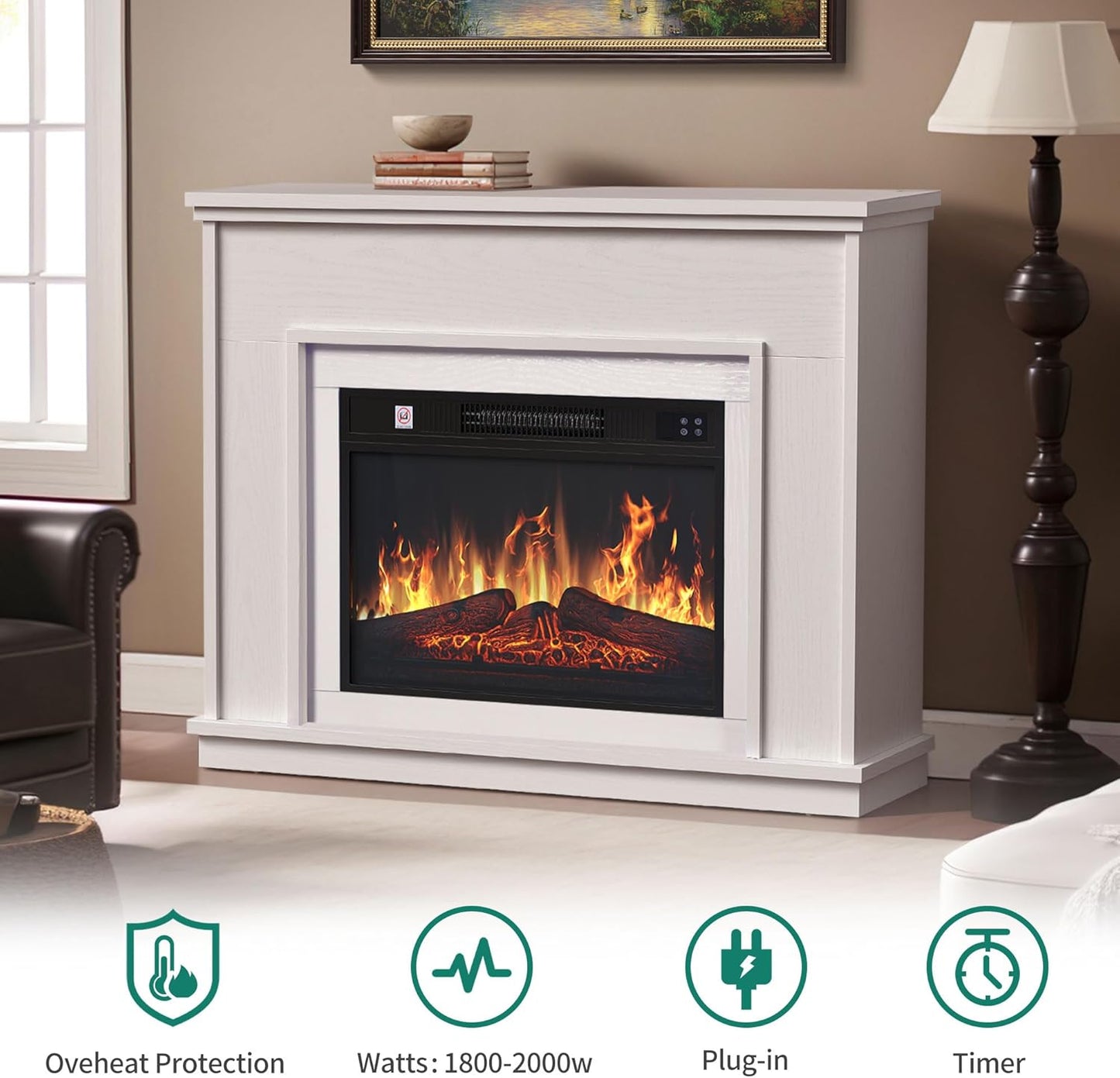YITAHOME Electric Fireplace, 23 Inch Realistic 3D Flame Effect, Heat-Free Standing Electric Fireplace with Timer and 24-Colour LED Light Strip and Remote Control