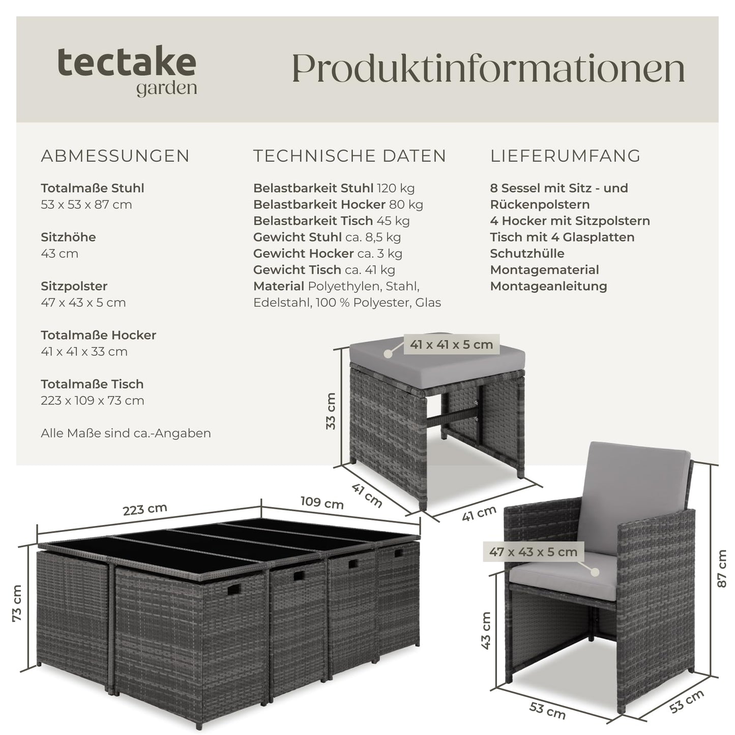 tectake Gartenlounge Set, Polyrattan Gartenmöbel Set, 8+4+1 Sitzgruppe, 8 Stühle 4 Hocker 1 Tisch, Balkon Möbel als Würfel verstaubar, für Garten, Balkon, Terrasse - grau/hellgrau