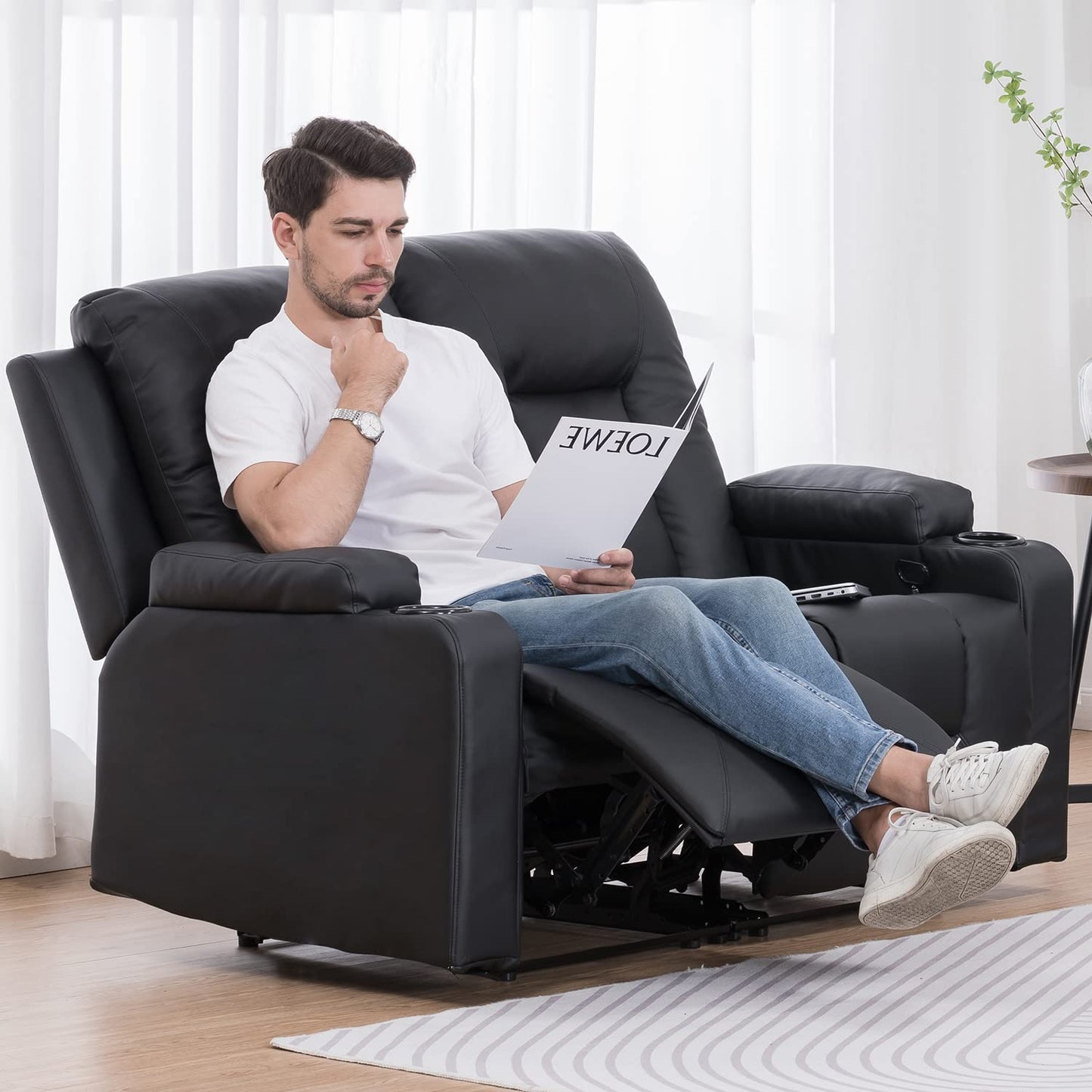 COMHOMA Relaxsessel-Set, Sofa, Sofa-Set aus Kunstleder, Fernsehsessel Ruhesessel Liegesessel mit Liege-Funktion Polstersessel Schlafsessel für Wohnzimmer Schlafzimmer Heimkino,Schwarz, 3+2+1