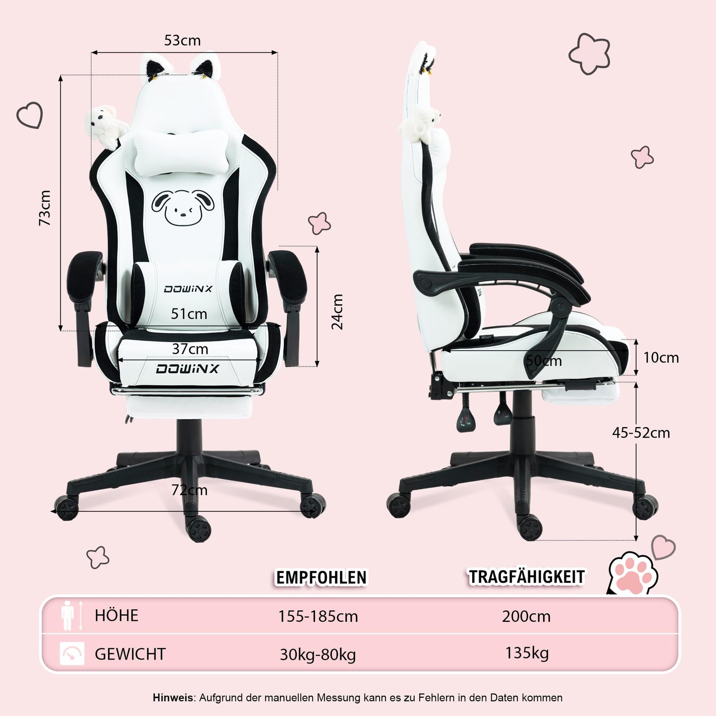 Dowinx Gaming Chair - Cute Cat Edition - Ergonomic Computer Chair with High Back and Lumbar Support, PU Leather, Footrest, Black