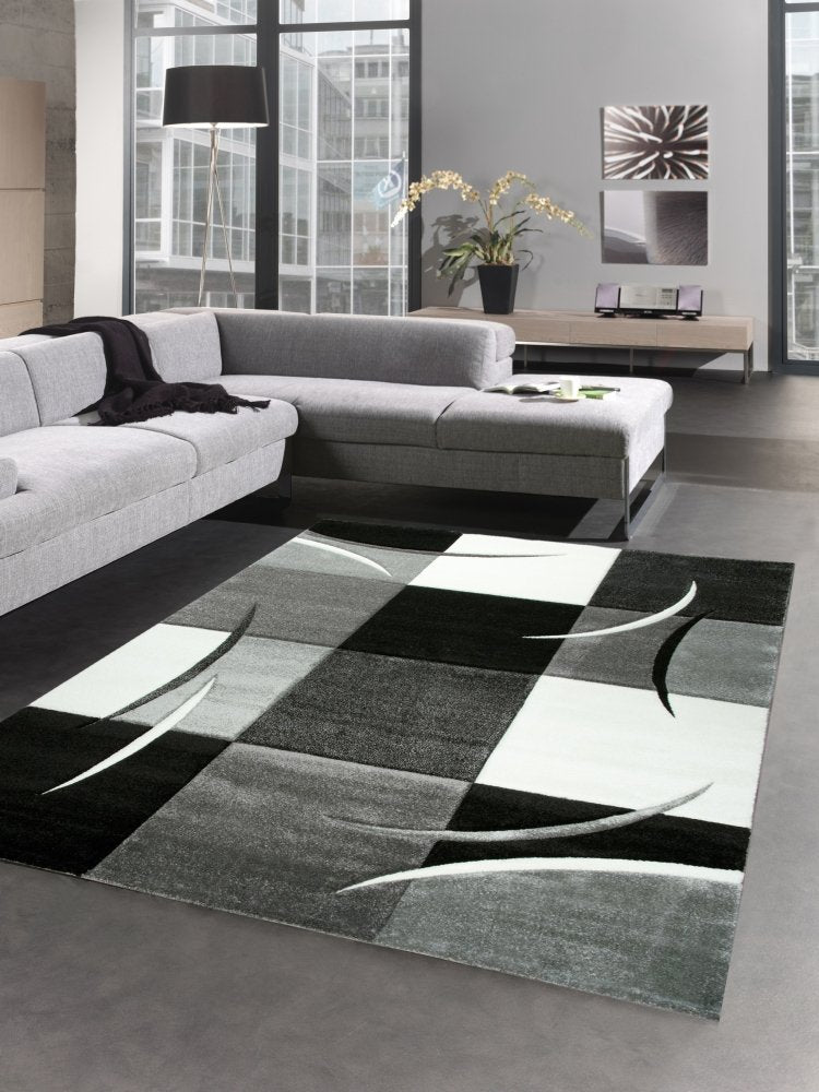 CARPETIA Modern Short Pile Living Room Rug Contour Cut Checked Abstract Grey Black White Turquoise Size 60 x 110 cm