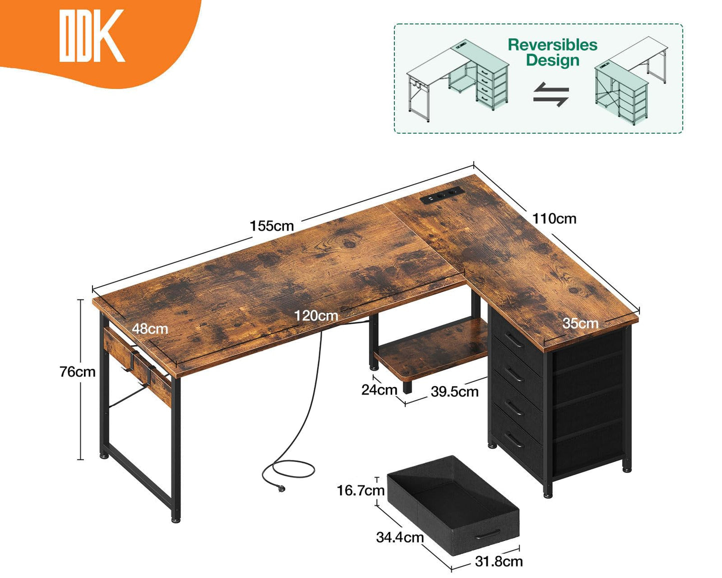 ODK Corner Desk with 4 Drawers, 135 x 100 cm, L Shape Desk with Socket and USB Charging Port, Reversible Desk with Storage Space for Home Office and Gaming, Black