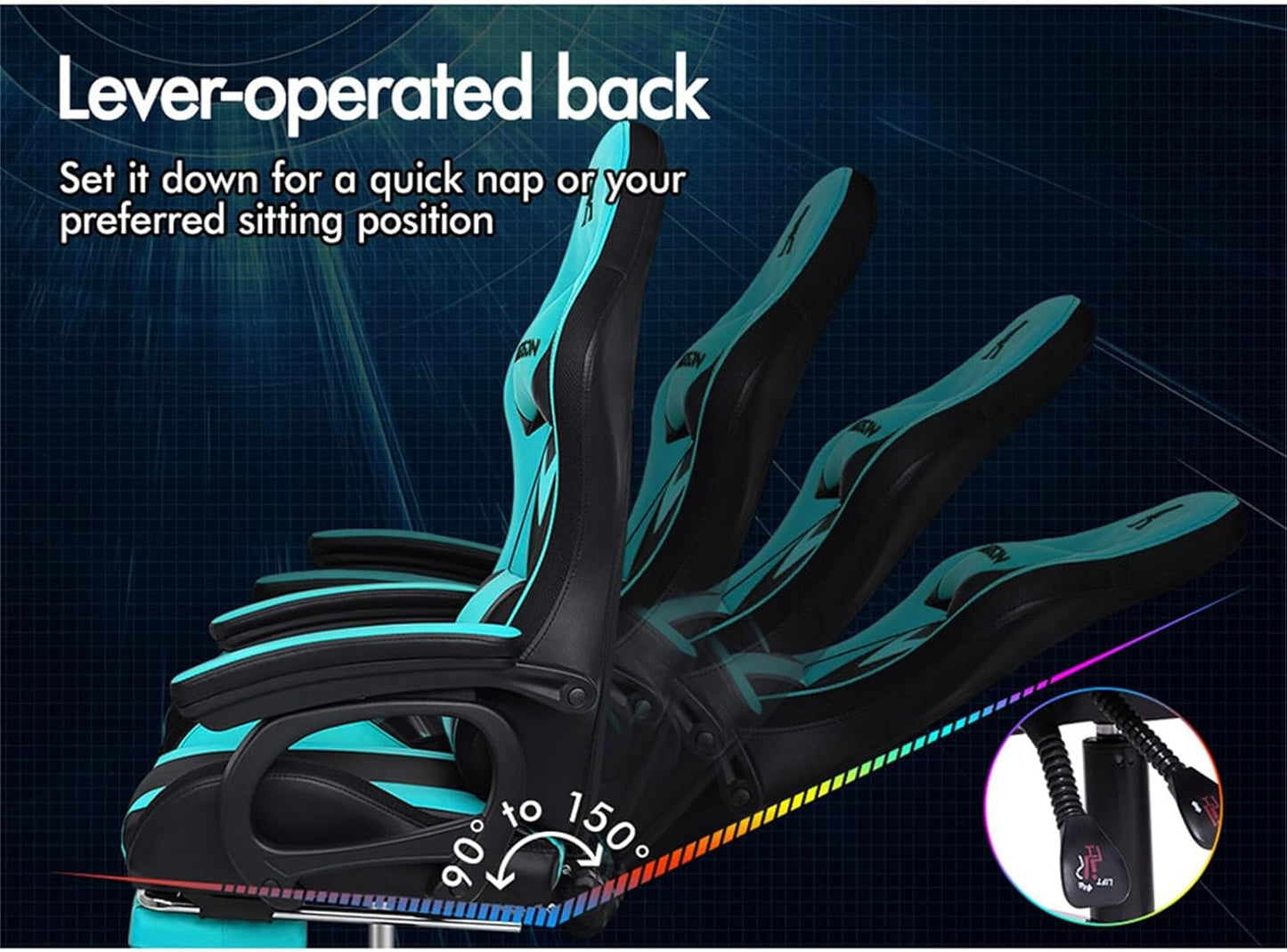 ALFORDSON Gaming-Stuhl, LED-Racing-Gamer-Stuhl mit 12-Farben-RGB-Beleuchtung, Massage-Gaming-Stuhl mit Lordosenstütze, Fußstütze, PU-Material, Cyan