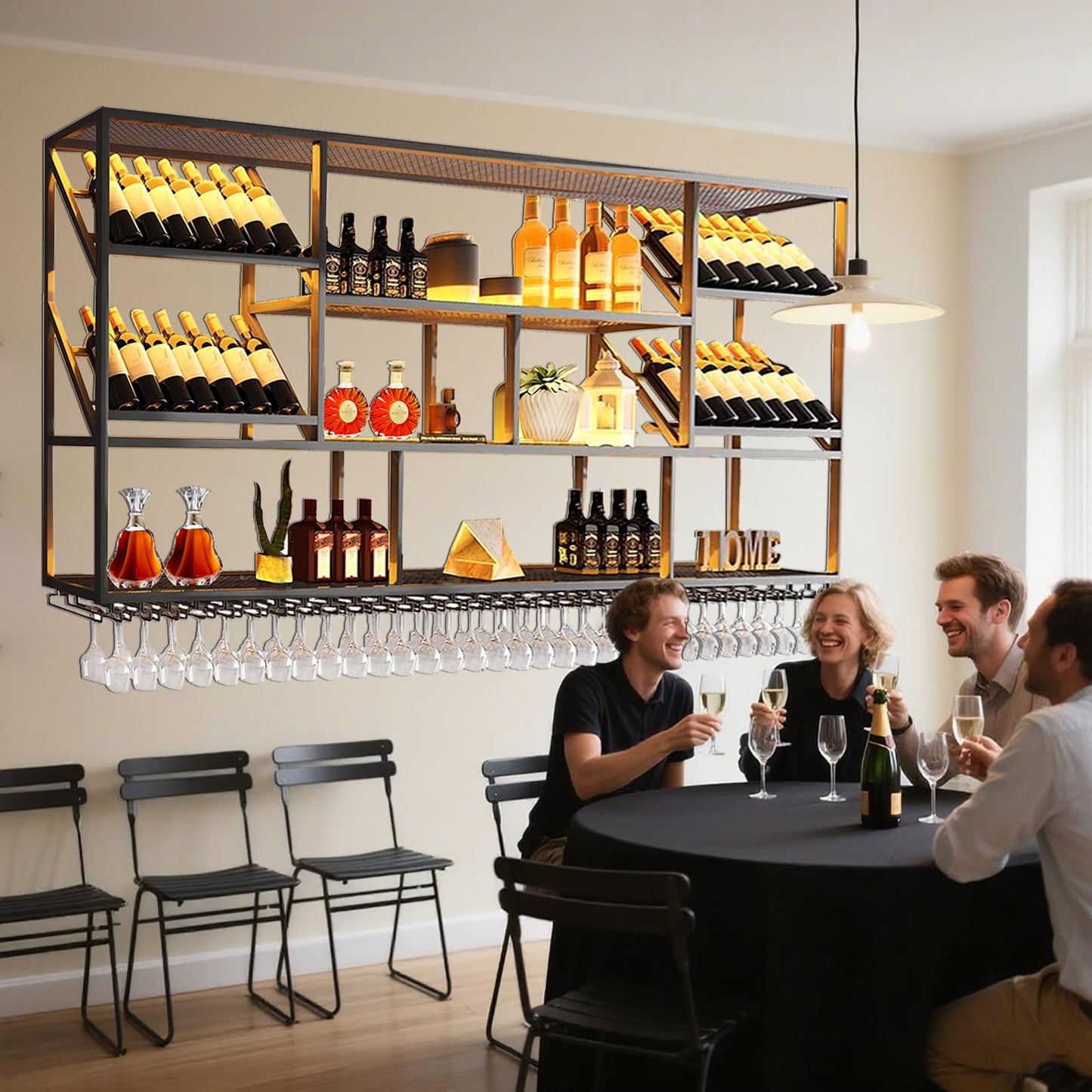 TAUODUYY 180 cm Large Industrial Wall Mounted Wine Rack, 3 Tier Wine Display with Glass Holder, Modern Black Metal Wine Rack Wall, for Home Kitchen/Wine Cellar/Bar Cafe (180 cm)