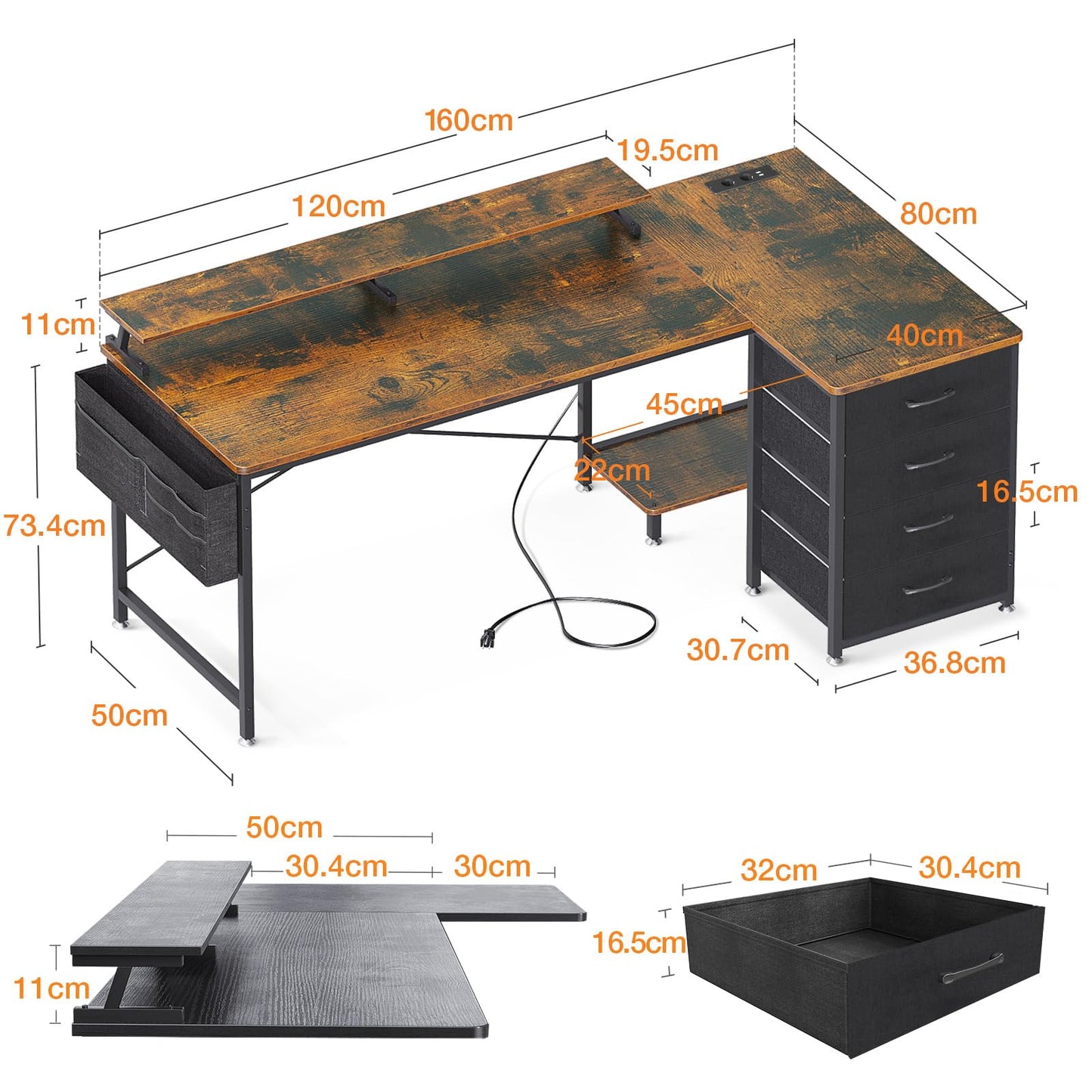 ODK Corner Desk with 4 Fabric Drawers, 140 x 80 cm, Desk L Shape Reversible with USB Charging Port and Socket, L Shaped Desk with Monitor Shelf for Home Office, White