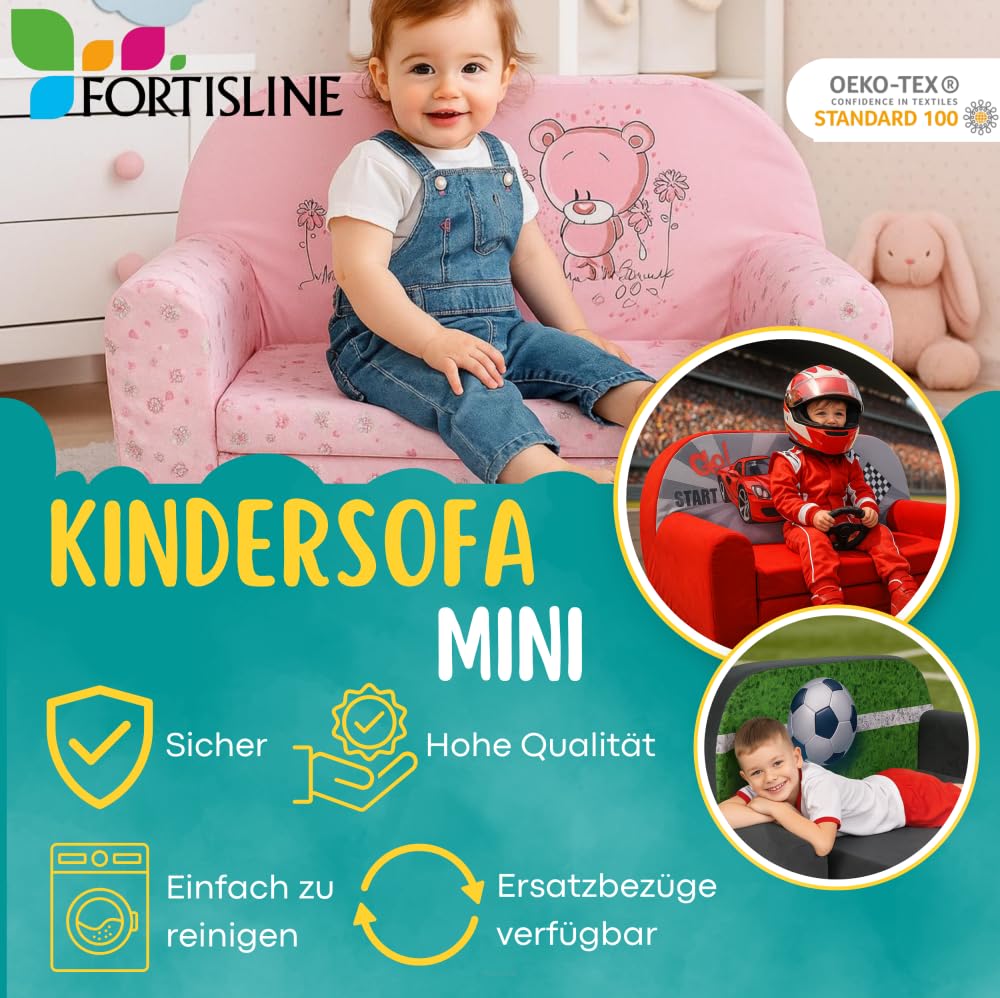 FORTISLINE Children's Sofa Mini Foldable 40 x 78 x 45 cm - Children's Sofa for Children 2-in-1 - Children's Couch Foldable - Foam Sofa Bed - Removable Cover - Many Designs