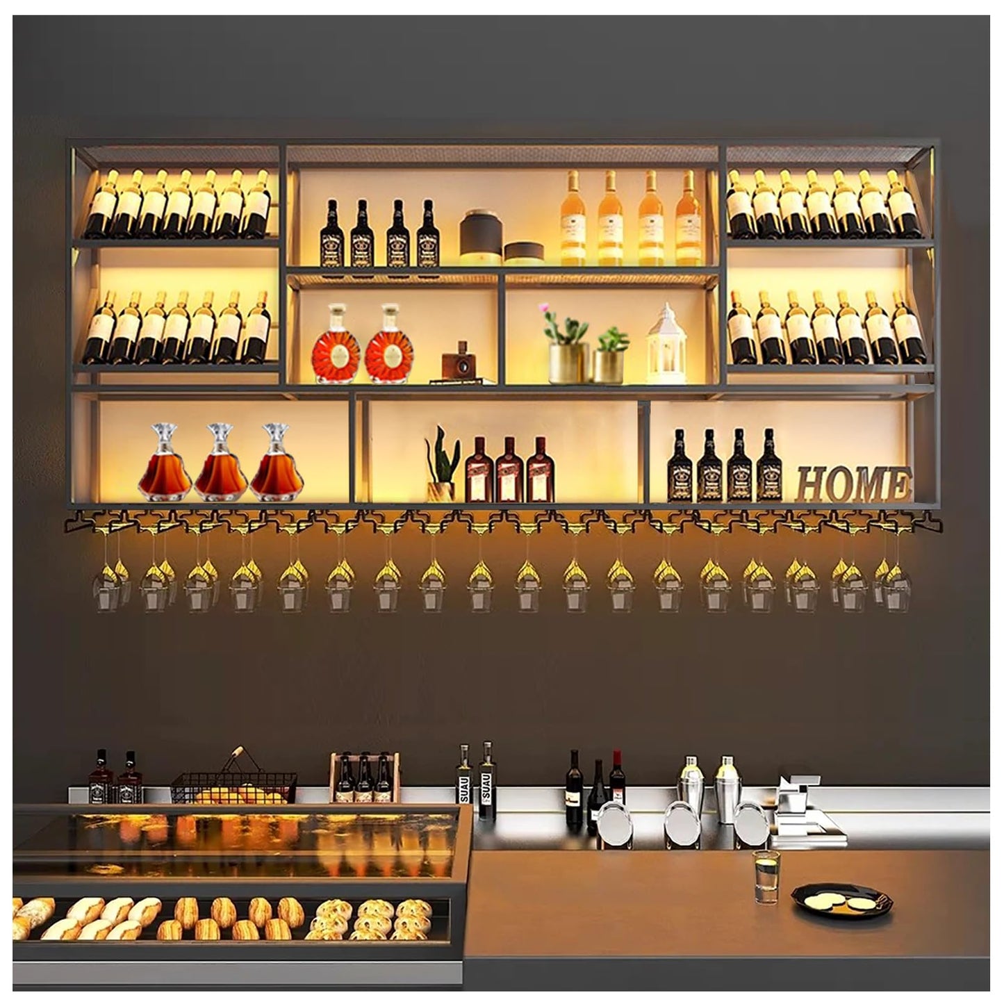 TAUODUYY 180 cm Large Industrial Wall Mounted Wine Rack, 3 Tier Wine Display with Glass Holder, Modern Black Metal Wine Rack Wall, for Home Kitchen/Wine Cellar/Bar Cafe (180 cm)