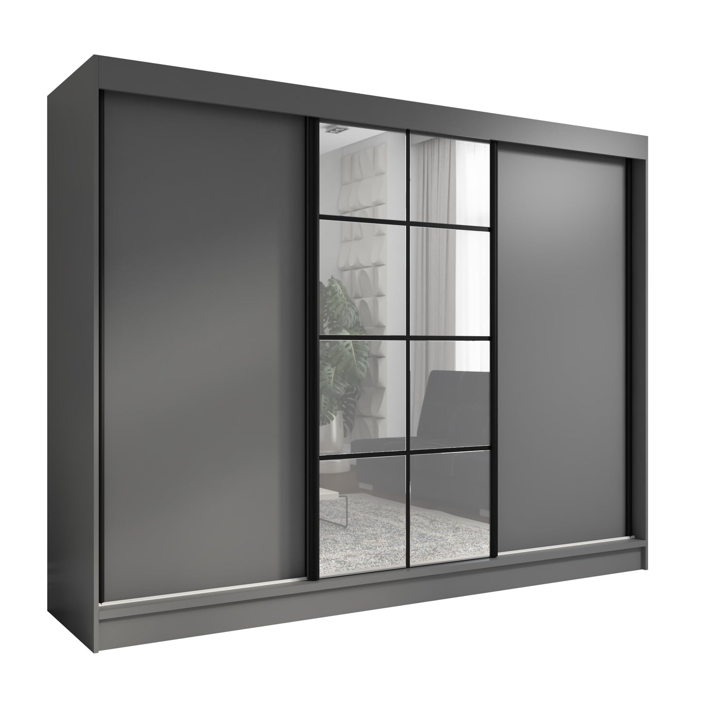 A&J MöbelLand Oravelle Sliding Door Wardrobe 3 Doors with Drawers and Mirror 200 cm (Black)