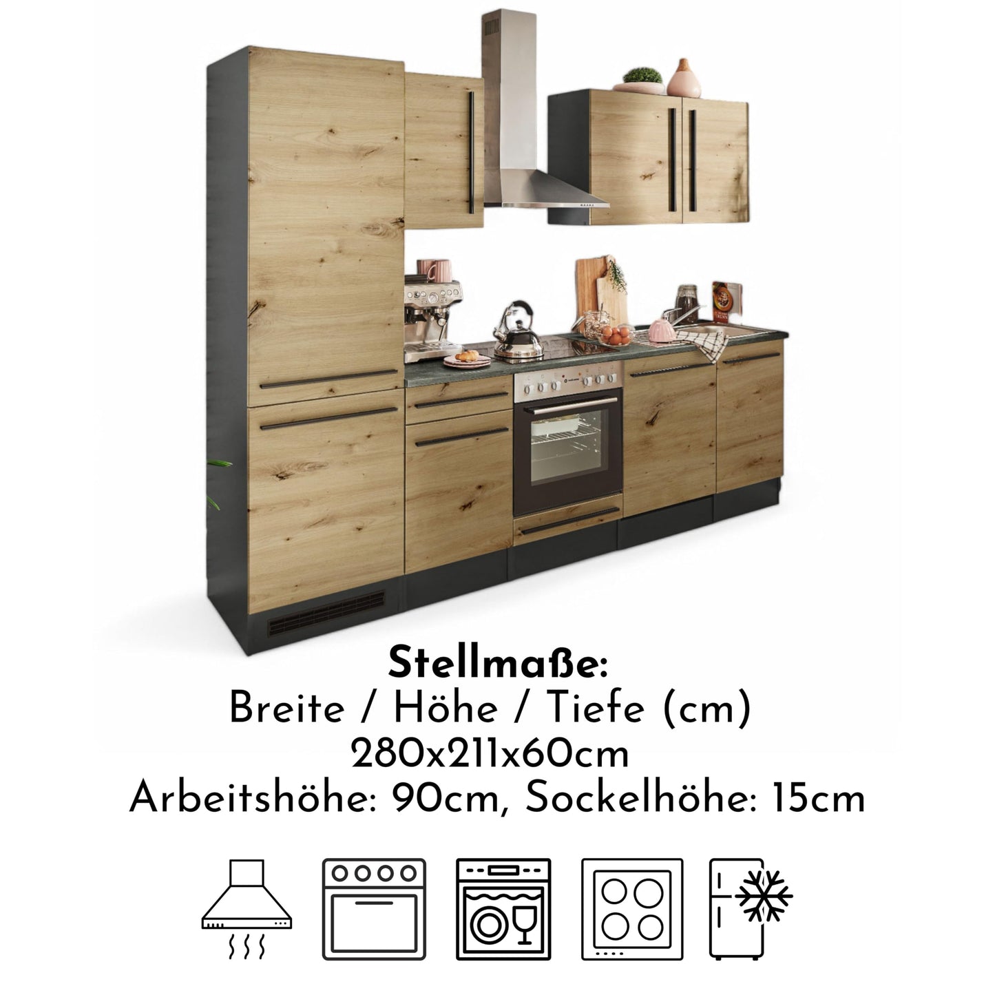 Jazz 8 Moderne Küchenzeile ohne Elektrogeräte in Anthrazit, Artisan Eiche Optik - Geräumige Einbauküche mit viel Stauraum - 220 x 211 x 60 cm (B/H/T)