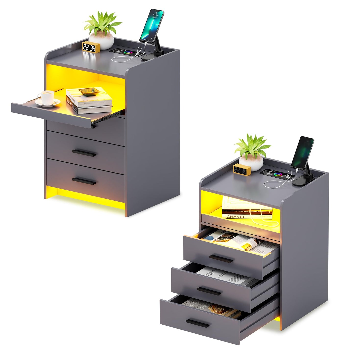 Lvifur Bedside Cabinet Set of 2 with Lighting, LED Bedside Table with Charging Function, 24 Colours Dimmable, Sideboard with 3 Drawers, USB Type-C Automatic Sensor, Bedroom, Grey