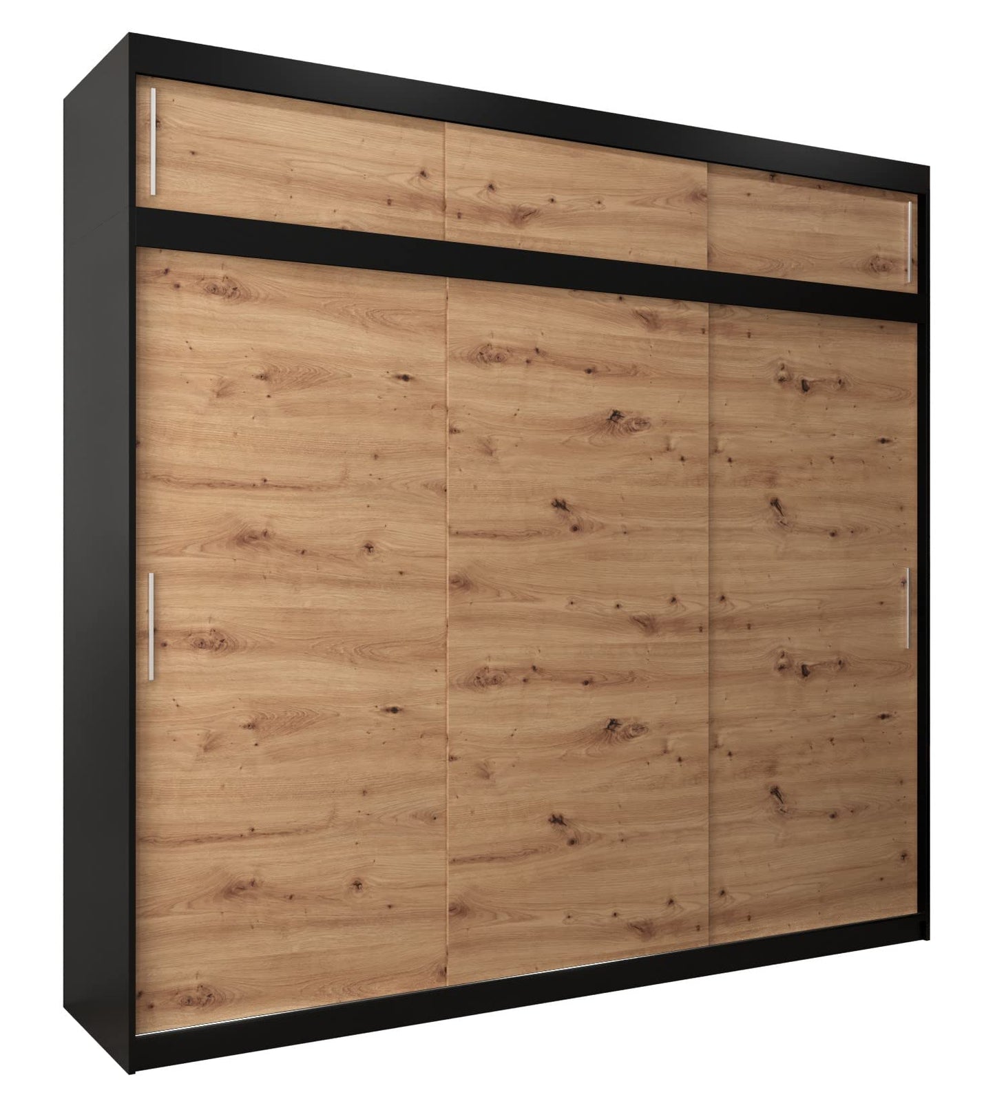MEBLE KRYSPOL Tokyo 250 Wardrobe with Three Sliding Doors for Bedroom – Modern Storage Cabinet with Clothes Rail and Shelves – 250 x 200 x 62 cm – Matte Black and Artisan