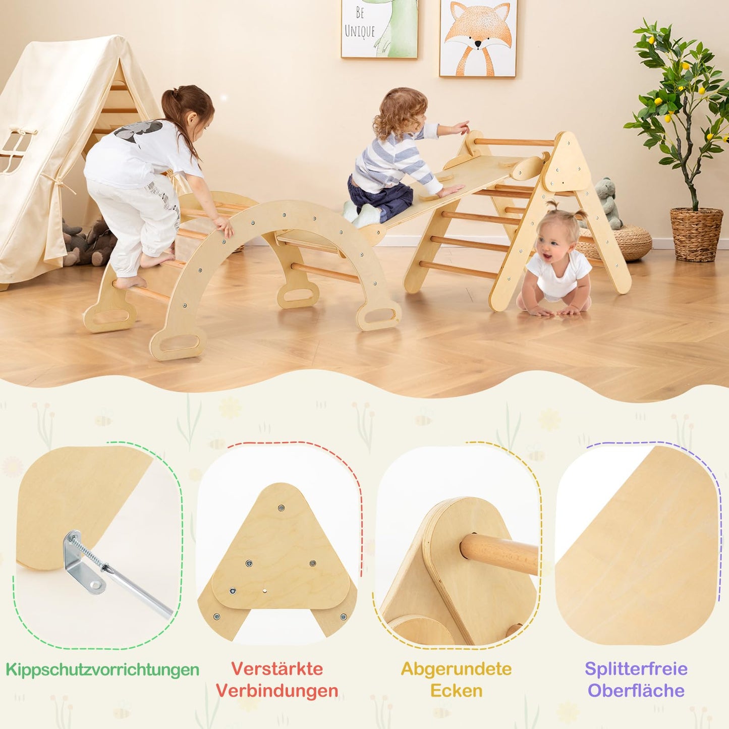 COSTWAY Kletterdreieck mit Rutsche, Kletterbogen, inkl. doppelseitige Rampe, zum Klettern, Rutschen und Wippen, 4 in 1 Klettergerüst Indoor ab 1 Jahr (Macaron bunt)
