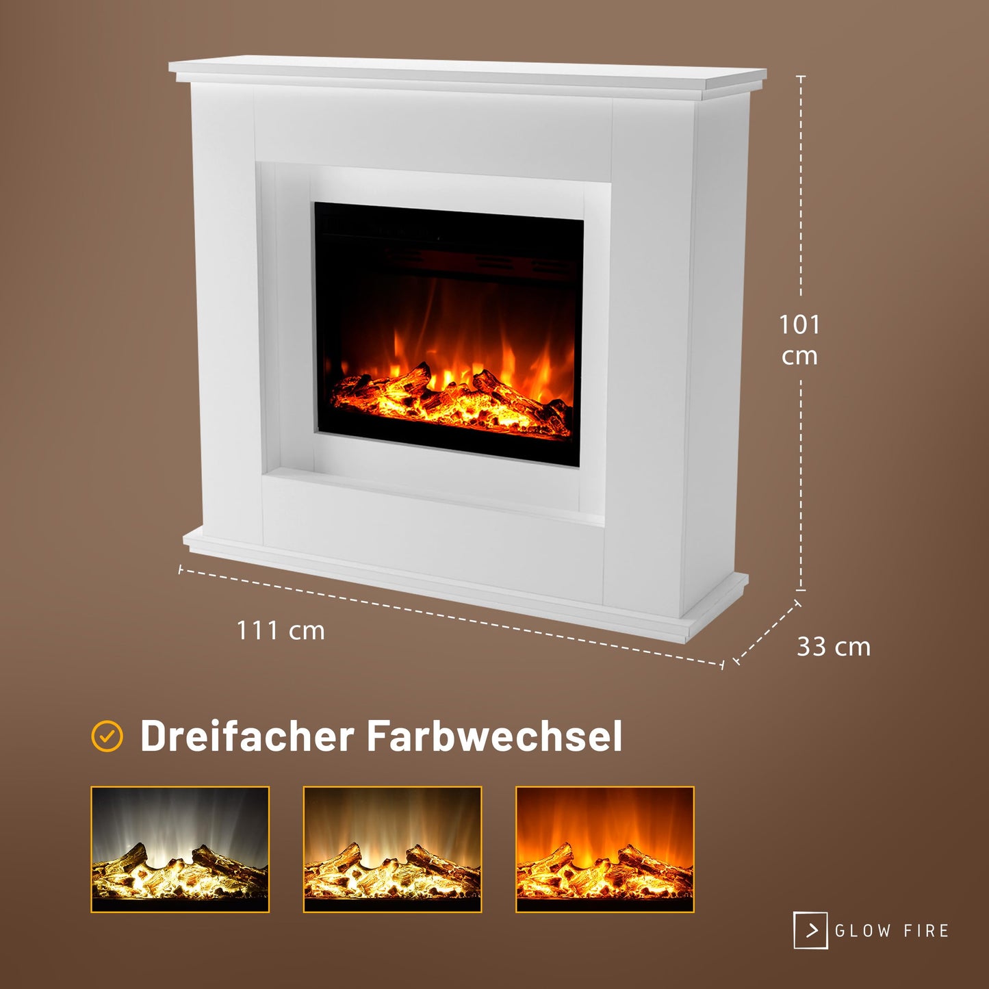 GLOW FIRE Elektrokamin mit Heizung und Kaminfeuer (Standkamin Europa) - elektrischer Kamin mit LED-Feuer in 3 Farben, Heizlüfter, Holz-Deko & Fernbedienung, 111x101x33 cm, Schwarz