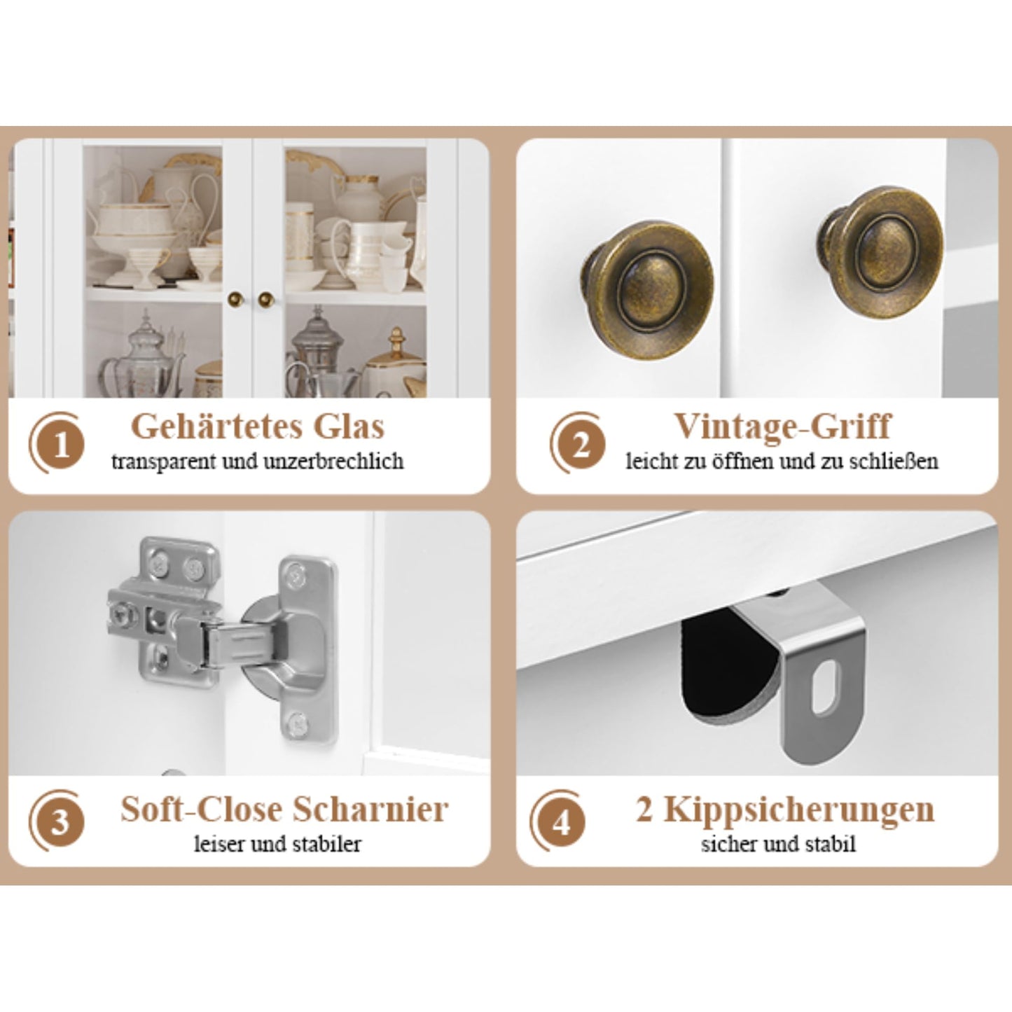 FirFurd Sideboard 140 cm Wide Kitchen Cabinet with Worktop Sideboard for Kitchen Living Room Buffet Cabinet with 2 Drawers and 4 Glass Doors Kitchen Buffet with Adjustable Shelf 140 x 90.7 x 40 cm