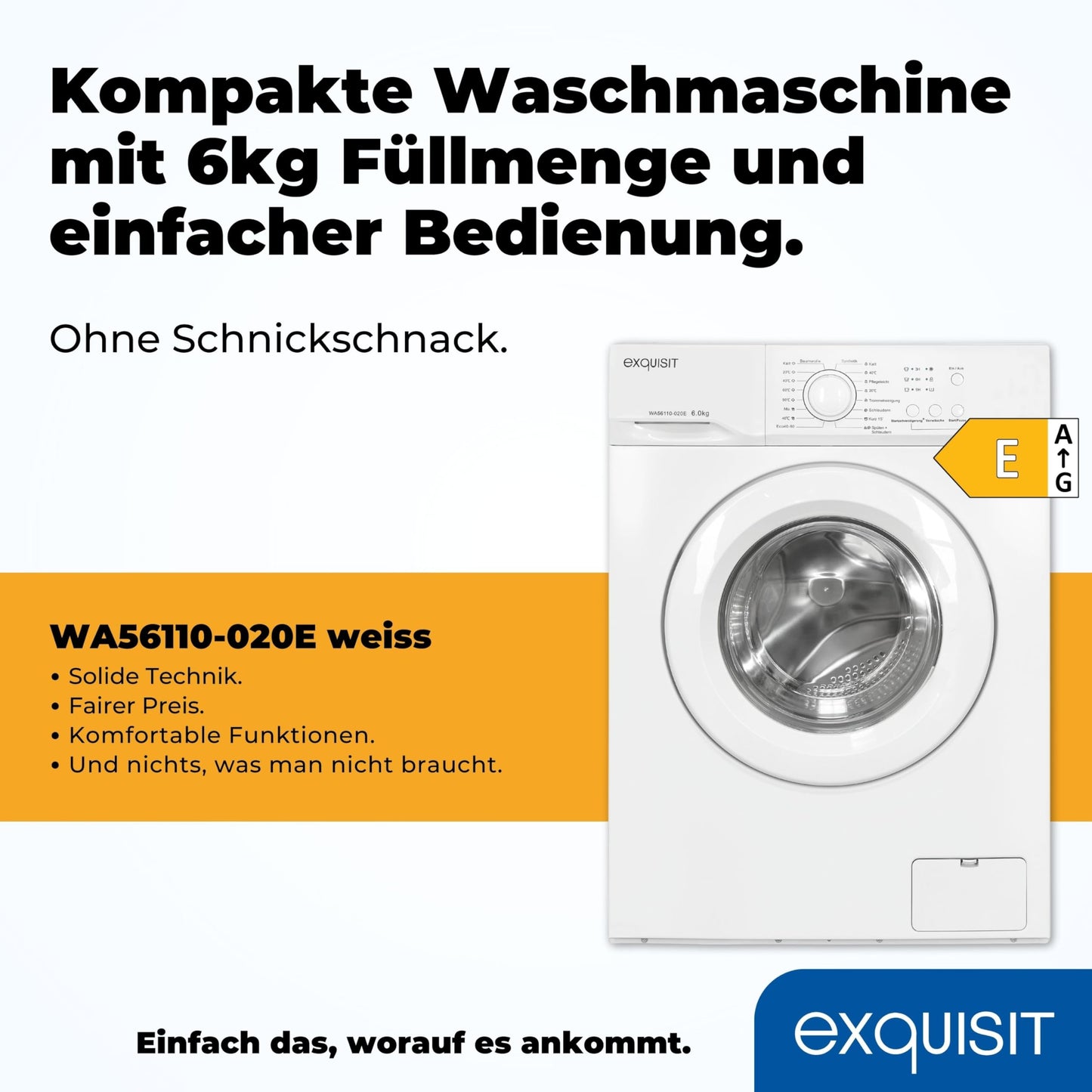 Exquisit Waschmaschine 6kg, Energieeffizienzklasse A, max. 1000 U/min, ECO 40-60, Kurzprogramm, Kindersicherung, 16 Waschprogramme, WA56110-020A weiss
