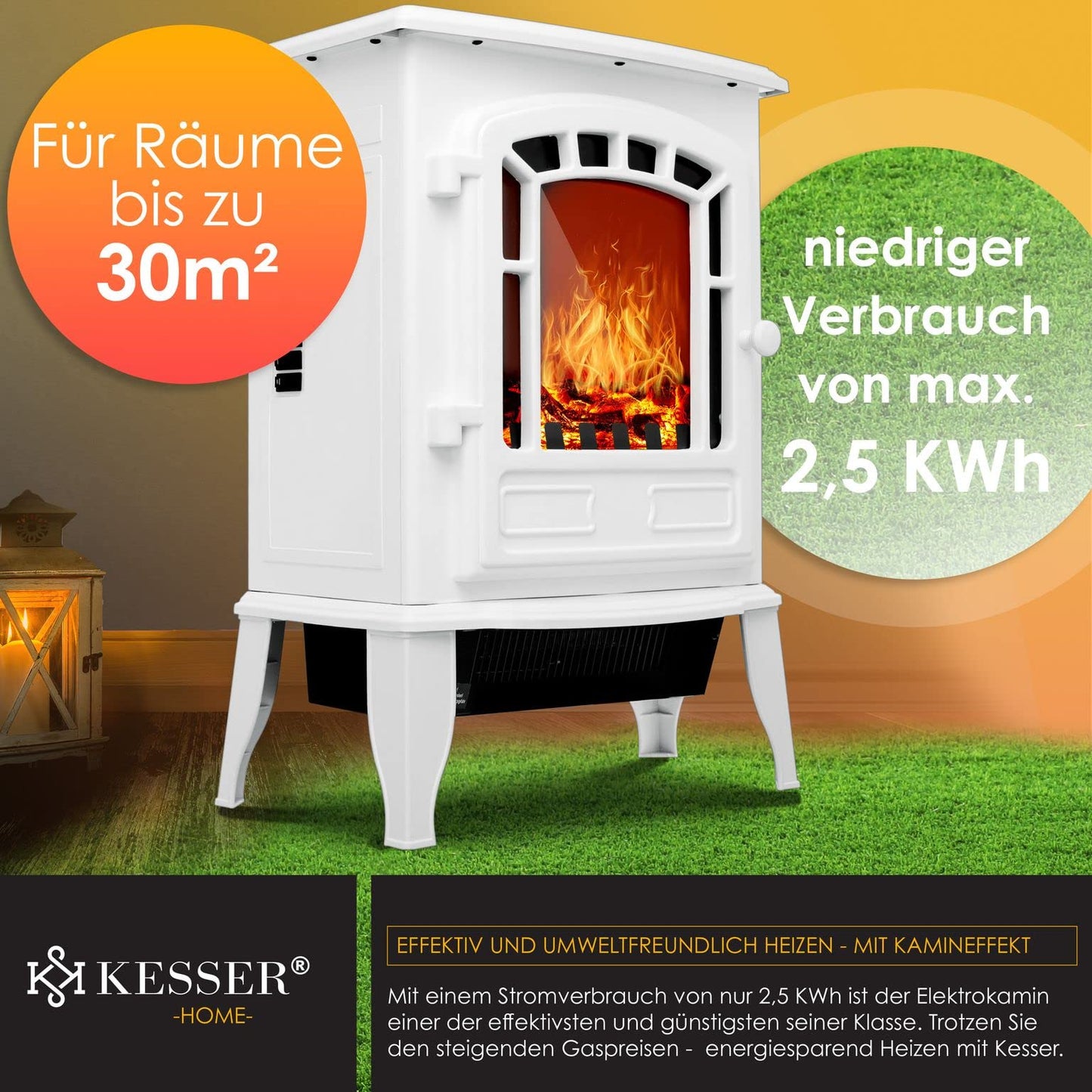 KESSER® Elektrokamin mit Heizlüfter & Fernbedienung 2000W Elektro Kamin Elektrischer Heizung LED Kaminfeuer Effekt Kaminofen Flammeneffekt Heizer Ofen geräuscharm regelbar Grau