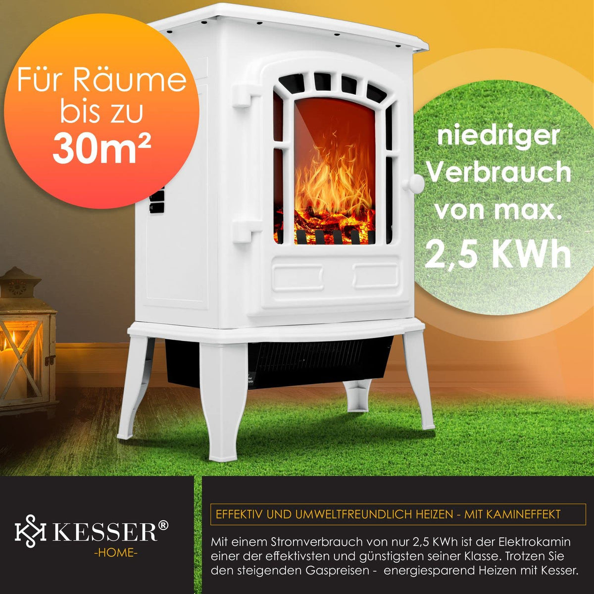 Kesser® Electric Fireplace with Fan Heater, 2000 W Electric Fireplace, Electric Heater, LED Fireplace, Effect Fireplace, Flame Effect Heater Oven, Silent, Adjustable, white
