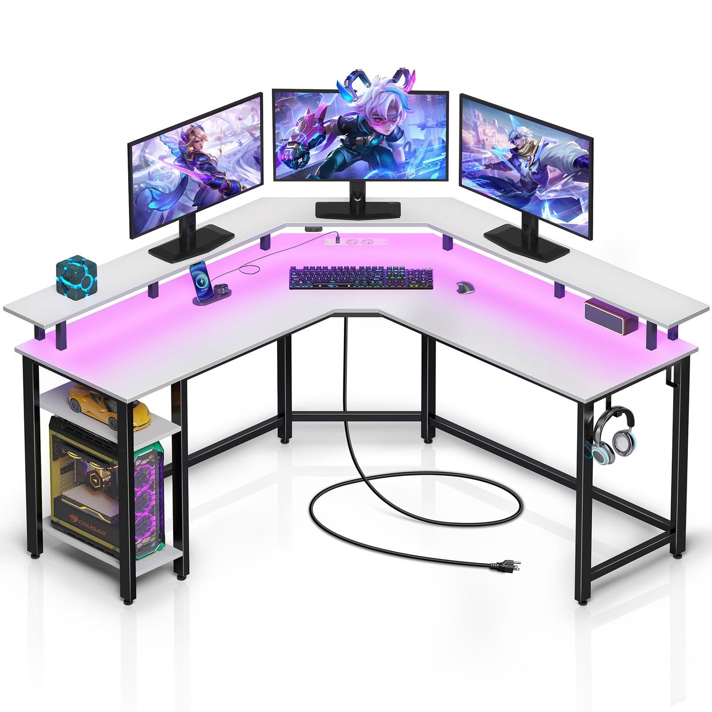 Rolanstar Schreibtisch L Form mit LED & Steckdosen, 117 cm Computertisch mit Monitorständer & Ablagefläche, Reversibler Eckschreibtisch mit 2 Haken, perfekt für Arbeitszimmer Schlafzimmer Büro
