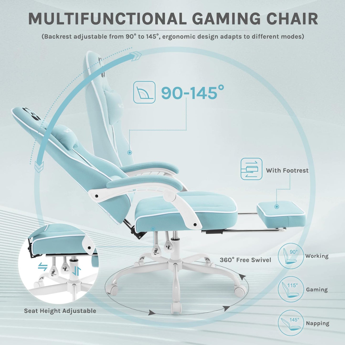 WOLTU Gaming Chair with Pocket Spring Cushion, 150 kg Weight Capacity, Ergonomic Swivel Chair, with Pillow, Lumbar Cushion, Footrest, Mesh, Pink, GS16rs
