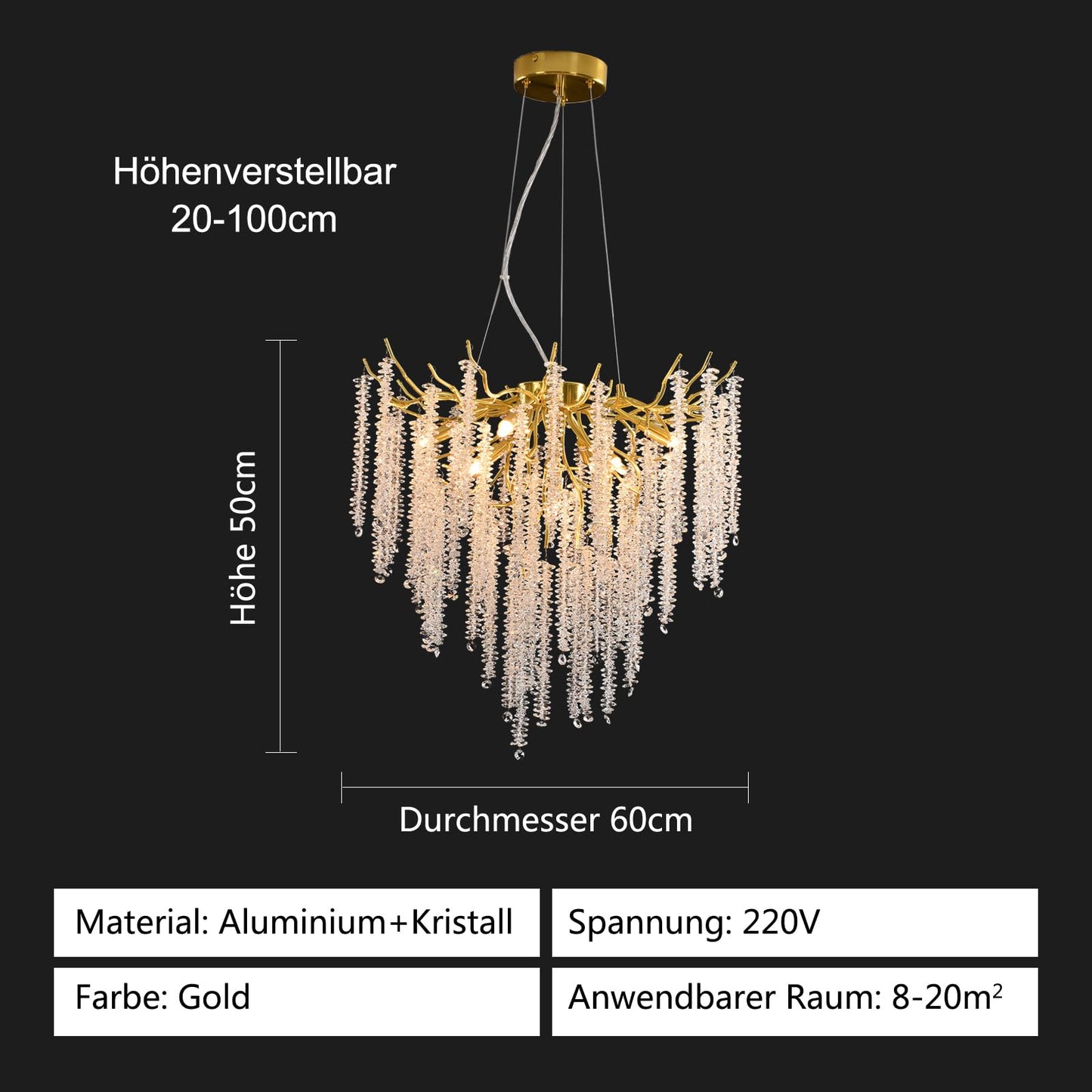 AHXIAOZN Modern Kronleuchter Kristall Leuchte,Luxus Kristall Pendelleuchte,Dimmbar Rund Kristall Hängeleuchte,für Esszimmer, Küche, Wohnzimmer, Schlafzimmer, Flur, Café,Bar(Gold,60cm)