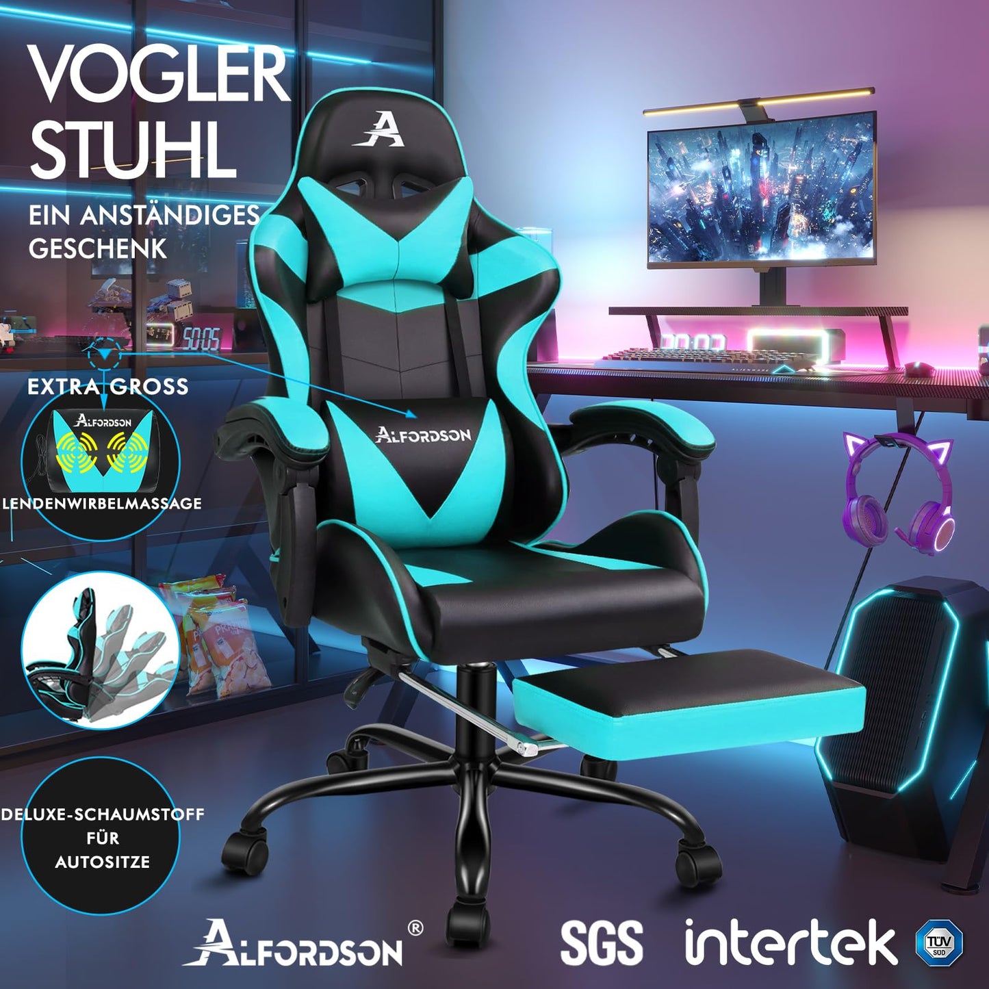 ALFORDSON Videospielstuhl, ergonomischer Bürostuhl, Massage-Rennstuhl, einziehbare Fußstütze, PU-Leder, höhenverstellbar und neigbar, 180 kg Tragkraft, Schwarz