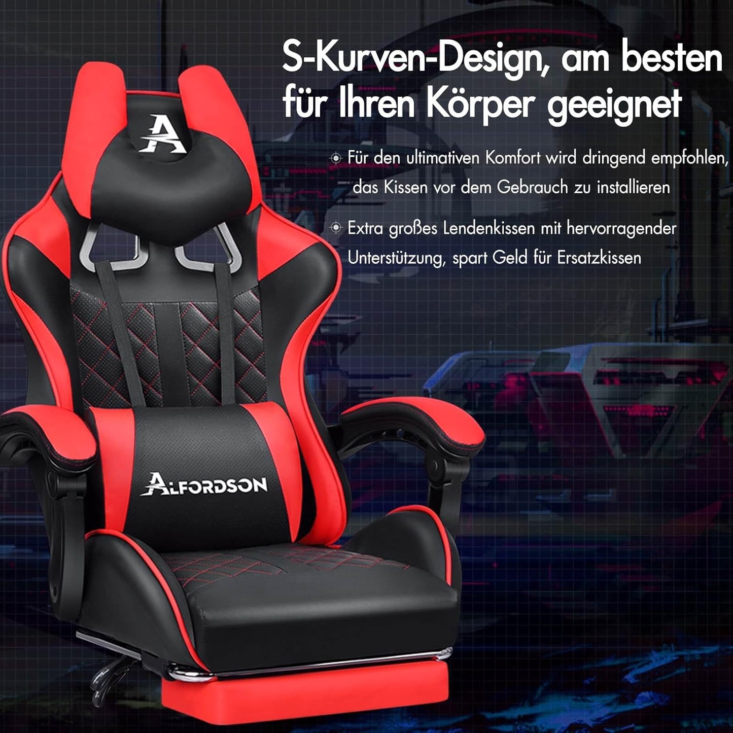 ALFORDSON Premium Gaming Chair with Footrest and Lumbar Support, Ergonomic Design, 150° Tilt, Leather Desk Chair for Gaming Office, 180kg Load Capacity, Red