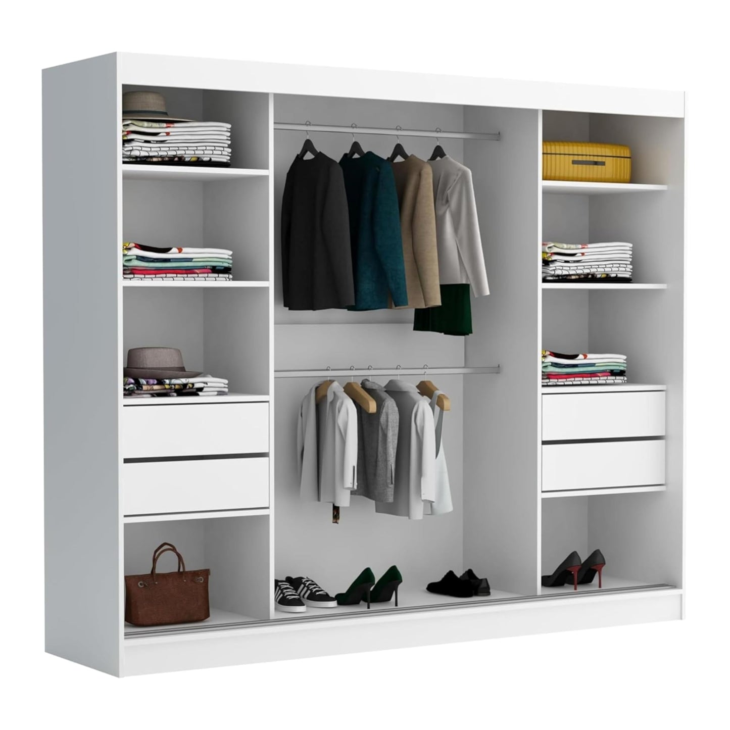 Brent - Kleiderschrank mit Spiegel und Schubladen 235cm Breit Chelsea Tomy, Schwebetürenschrank mit Spiegel, Schlafzimmerschrank, Kleiderschrank Schwarz