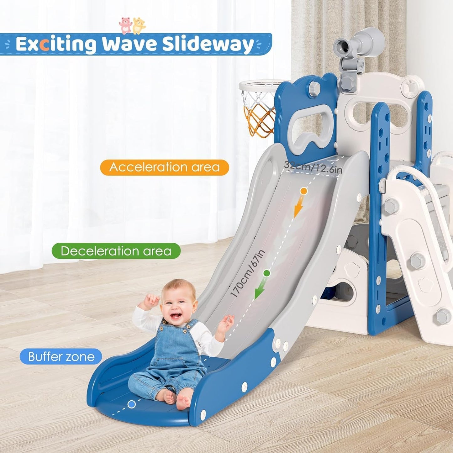 Children's Slide, Large Toddler Slide with Basketball Hoop, Climbing Frame for the Garden, Telescope, Storage Space, for 1-3 Years, Extra Long 1700 mm (7-in-1 Elk Slide Active Model (Khaki)))
