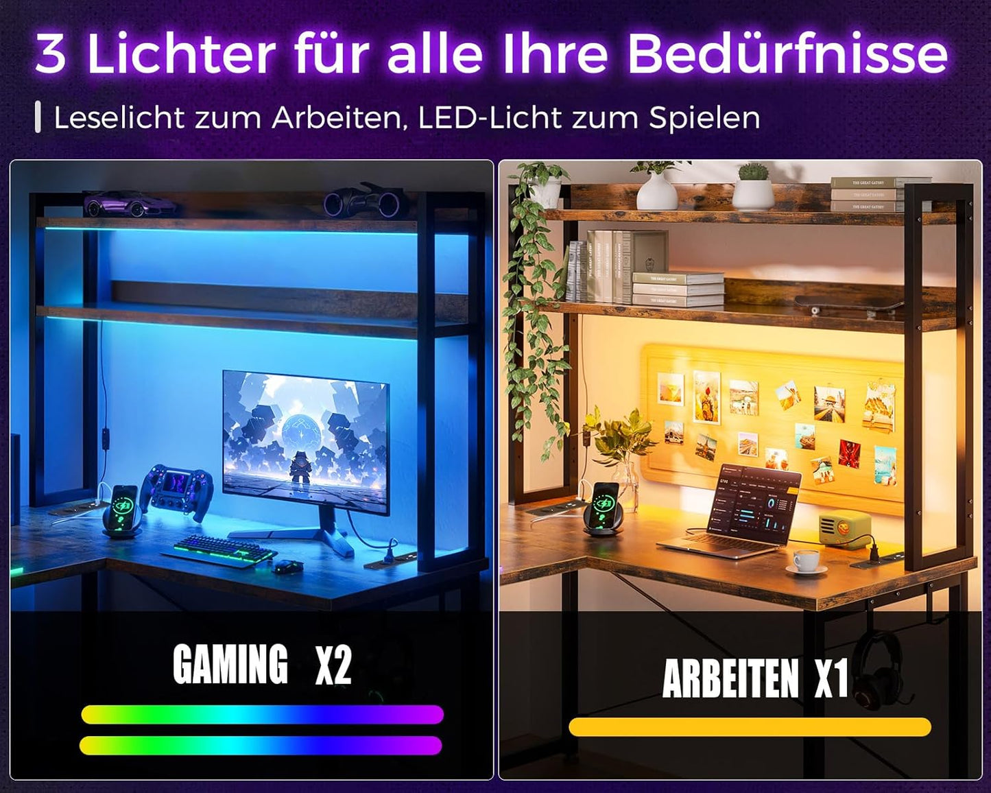ODK Eckschreibtisch Weiß mit Stall, 150×120 cm Reversibel Gaming Tish L Form mit LED, Computertisch mit USB-Ladeanschluss&Steckdose, Gaming Schreibtisch für das Heimbüro