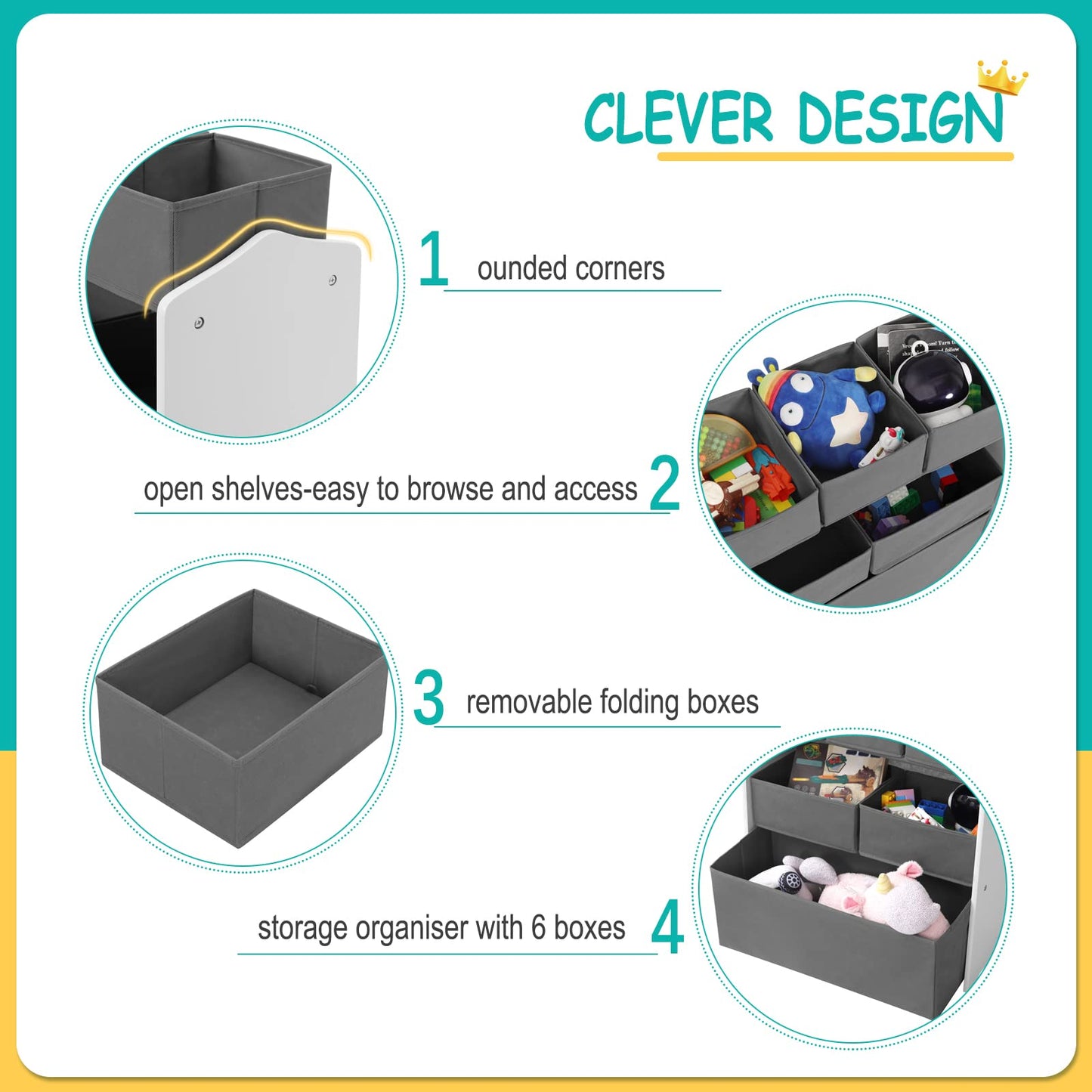 Lestarain Kinderregal mit 9 Aufbewahrungsboxen, Spielzeugregal, Regal Kinderzimmer Spielzimmer, Kinderregal, 63x60x30 cm, Weiß