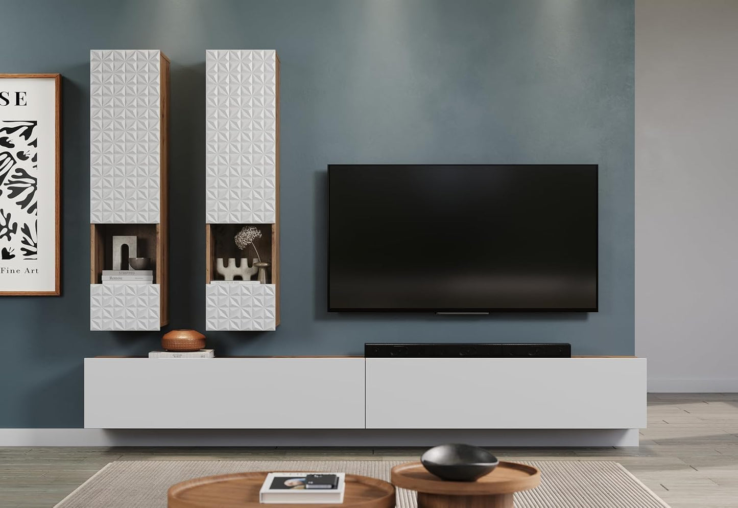 trendteam smart living - Rezzo - Living Wall - Oak / White Matt - Living Room Furniture with Soft-Close Function - (W x H x D) 241 x 200 x 30 cm - TV Base Can be Mounted Standing or Hanging