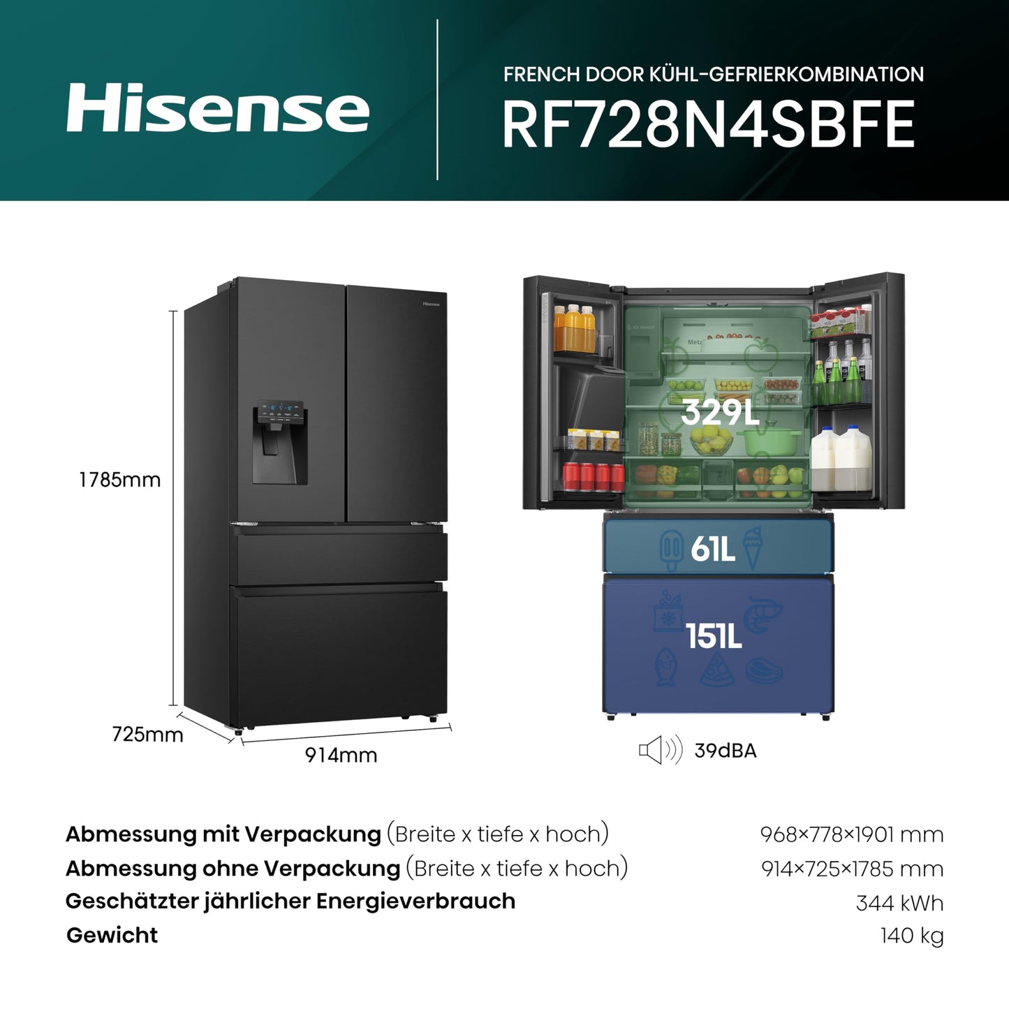 Hisense RF632N4WIE French Door Kühl-Gefrierkombination/ NoFrostPlus/ Inverter-Kompressor/ Wasserspender/ CrispZone/ 200 cm/ Kühlteil 336 l/ Gefrierteil 149 l/ 38 dB/ 295 kWh/ Jahr/ Inox-Look